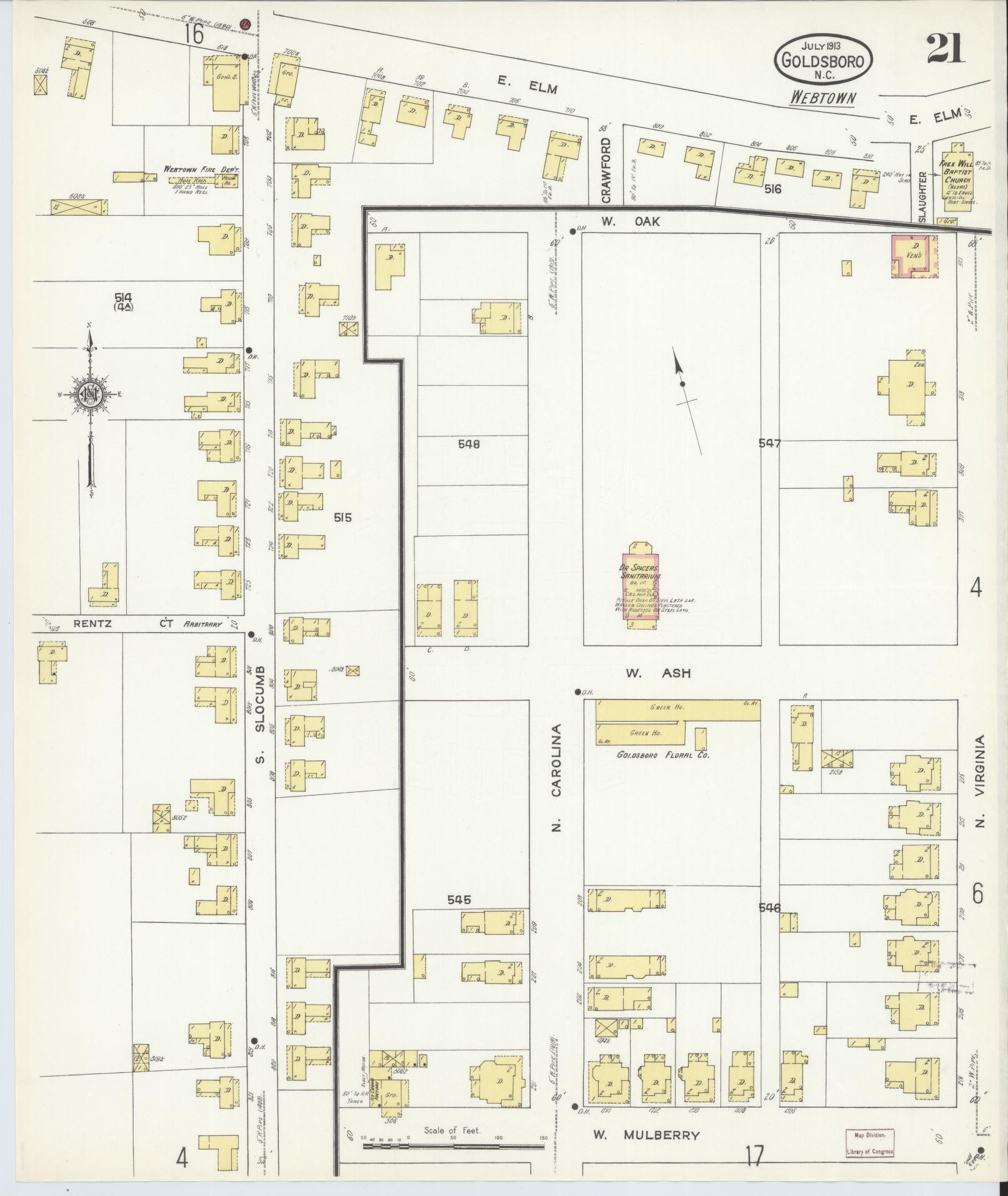 Sanborn Fire Insurance Map from Goldsboro, Wayne County, North Carolina (1913), Sheet #0021 - Complete Map Set gallery image, historic Sanborn map, vintage wall art, North Carolina North Carolina