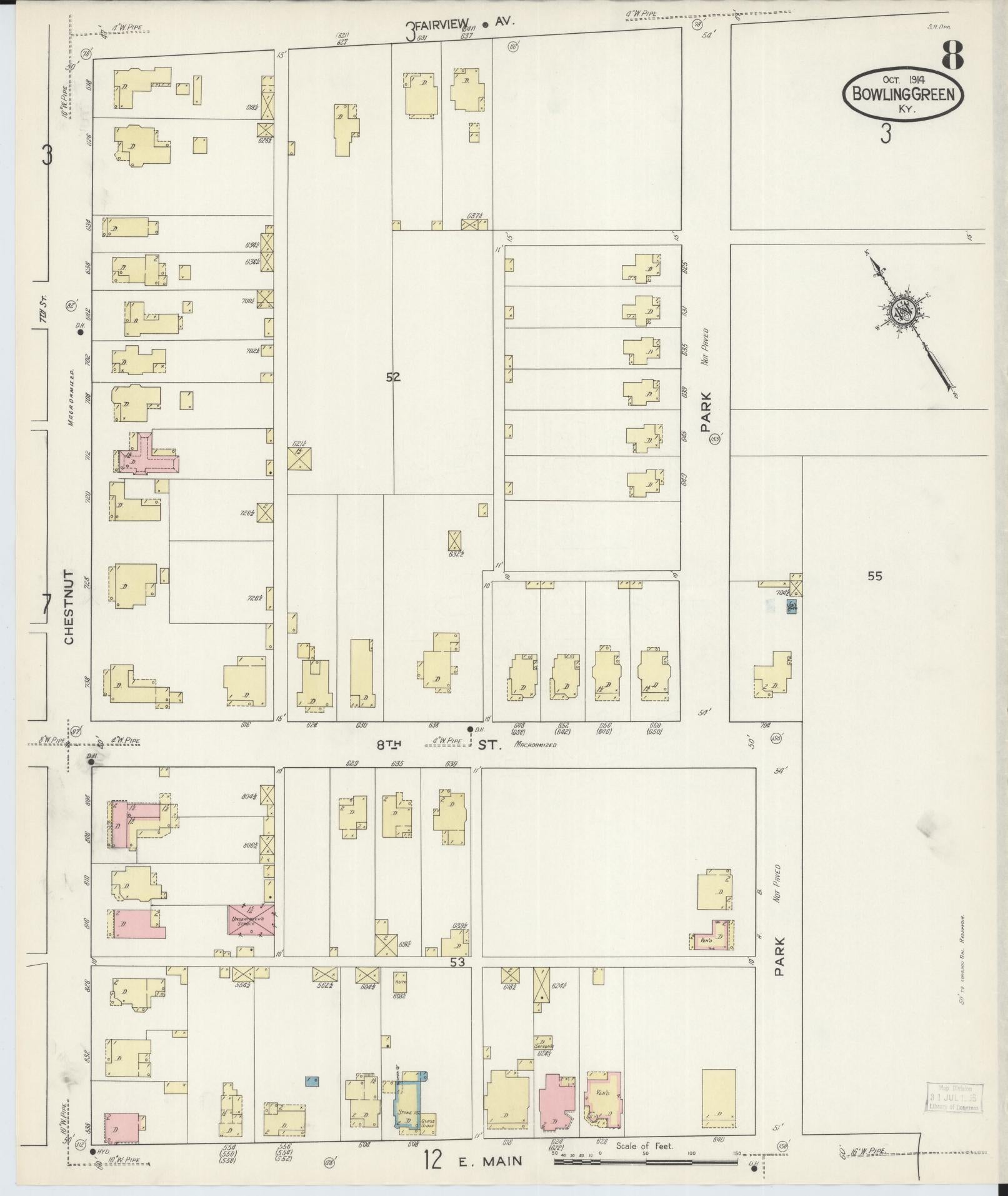 Sanborn Fire Insurance Map from Bowling Green, Warren County, Kentucky (1914), Sheet #0008 - Complete Map Set gallery image, historic Sanborn map, vintage wall art, Kentucky Kentucky