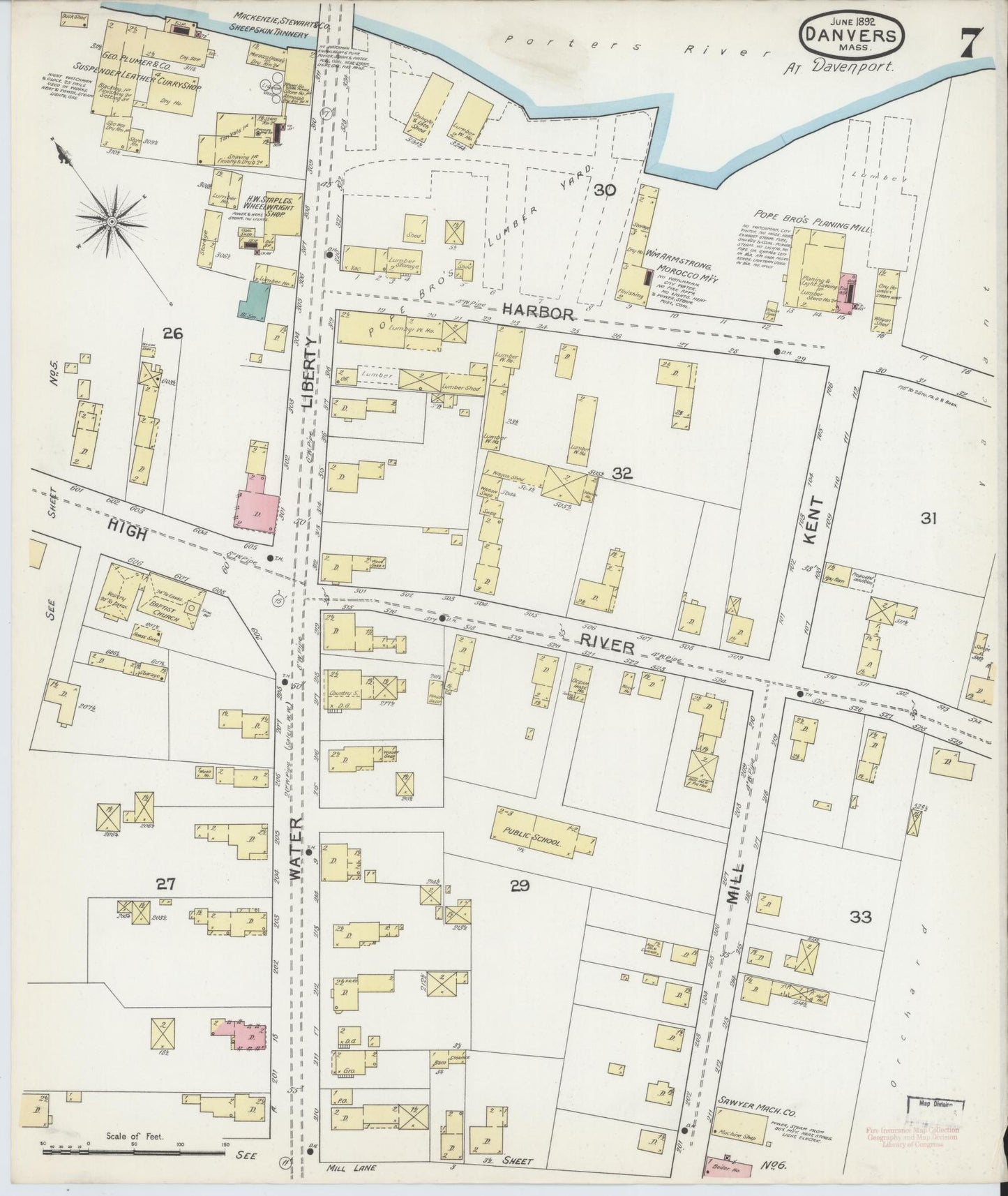 Sanborn Fire Insurance Map from Danvers, Essex County, Massachusetts (1892), Sheet #0007 - Complete Map Set gallery image, historic Sanborn map, vintage wall art, Massachusetts Massachusetts