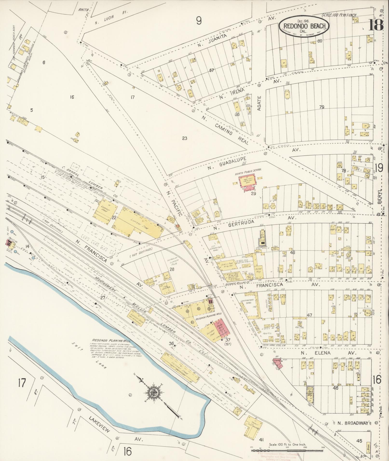 Sanborn Fire Insurance Map from Redondo Beach, Los Angeles County, California (1916), Sheet #0018 - Complete Map Set gallery image, historic Sanborn map, vintage wall art, California California
