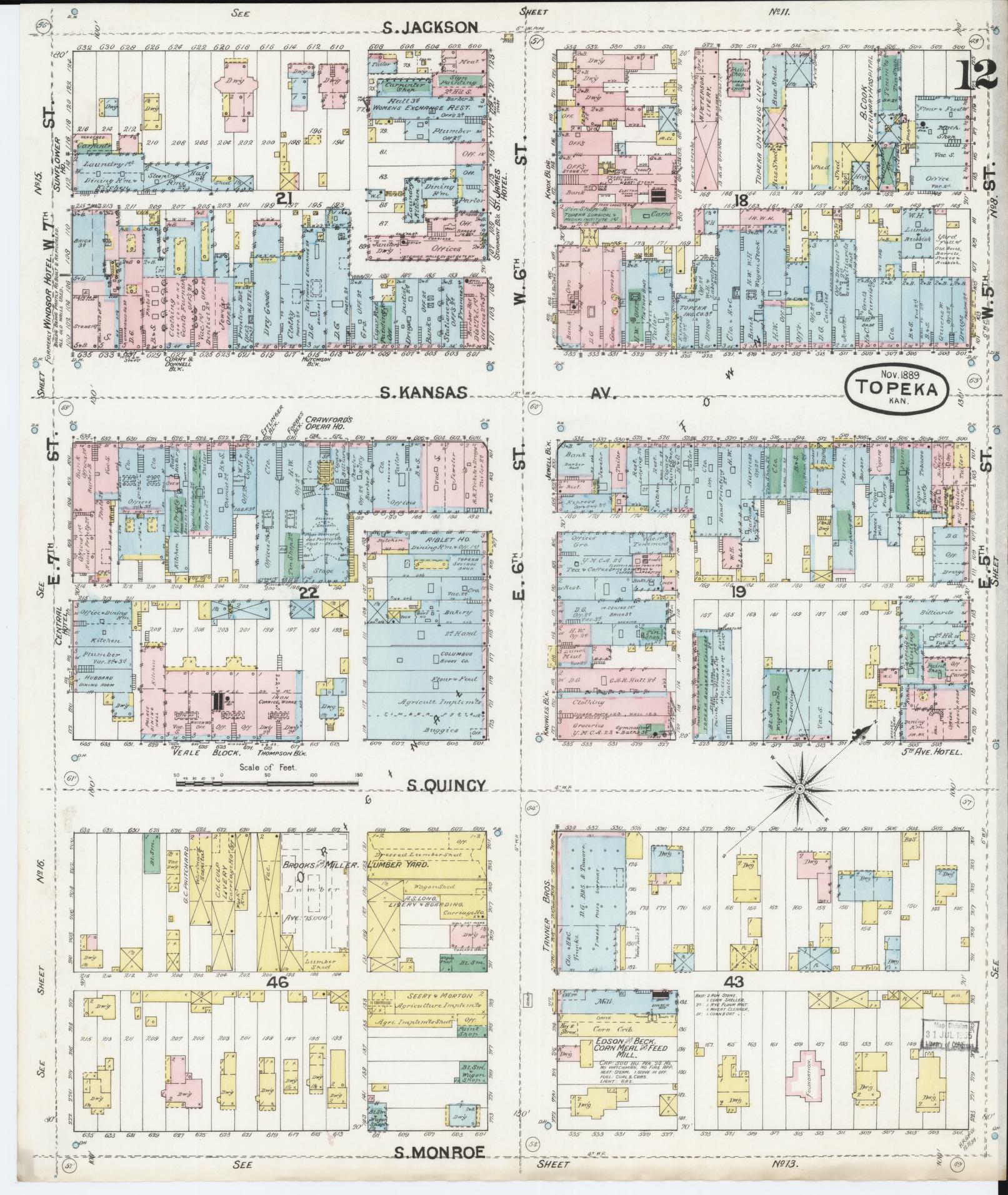 Sanborn Fire Insurance Map from Topeka, Shawnee County, Kansas (1889), Sheet #0013 - Historic Sanborn Fire Insurance Map Print, vintage old map wall art, antique decor, genealogy gift, Kansas Kansas map
