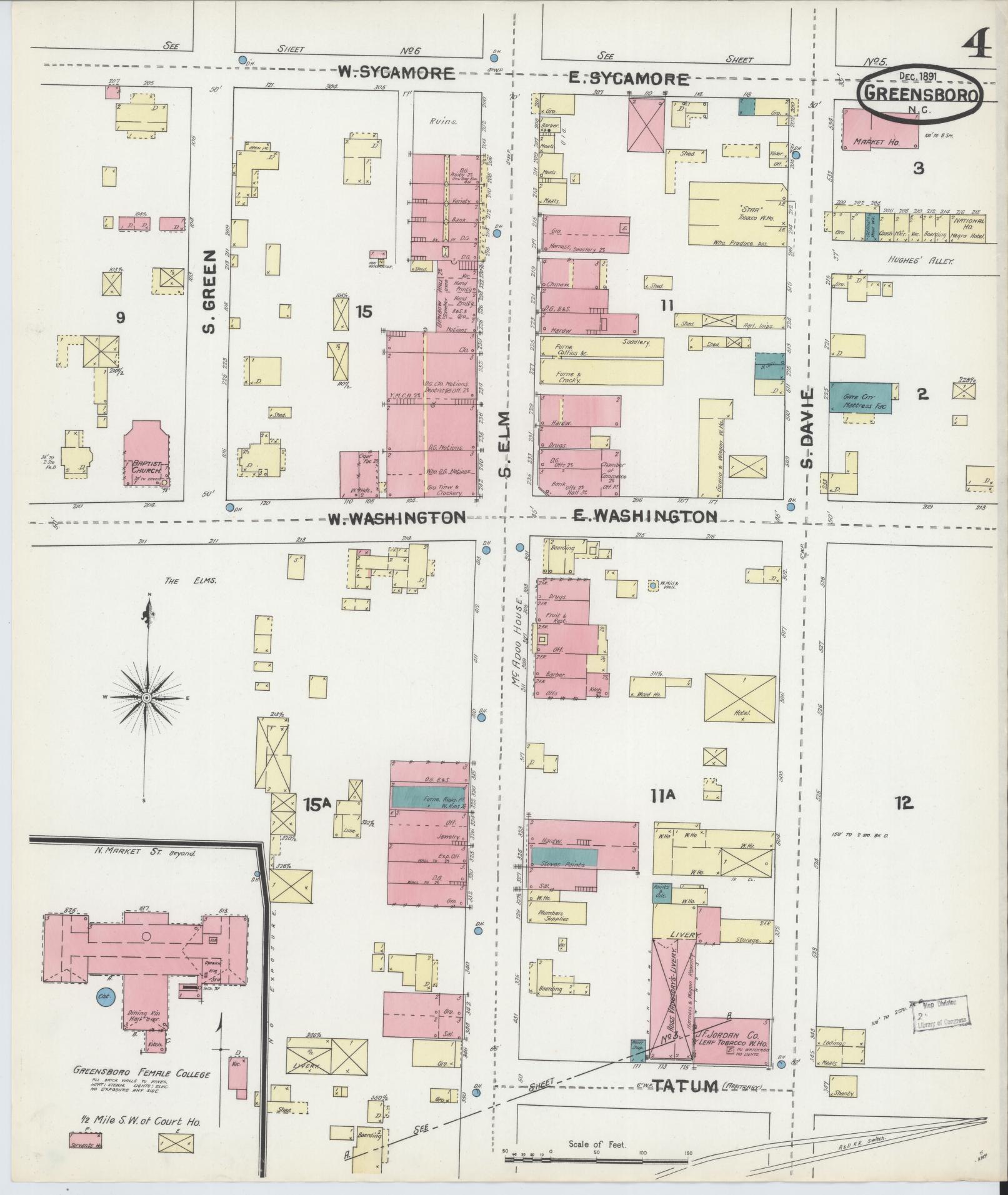 Sanborn Fire Insurance Map from Greensboro, Guilford County, North Carolina (1891), Sheet #0004 - Complete Map Set gallery image, historic Sanborn map, vintage wall art, North Carolina North Carolina
