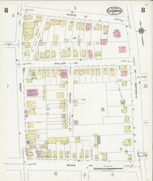 Sanborn Fire Insurance Map from Ossining, Westchester County, New York (1924), Sheet #0008 - Historic Sanborn Fire Insurance Map Print, vintage old map wall art, antique decor, genealogy gift, New York New York map