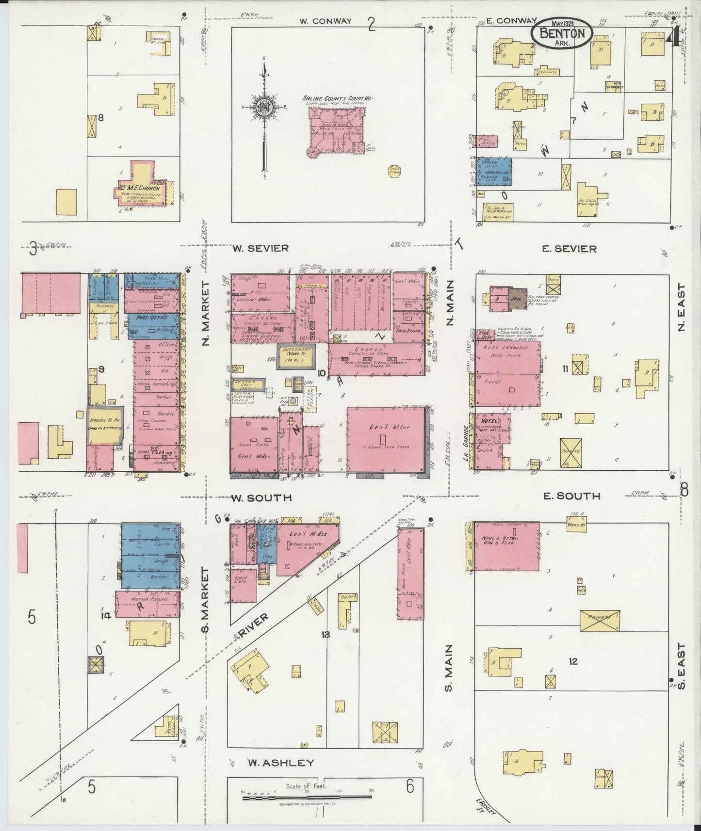 Sanborn Fire Insurance Map from Benton, Saline County, Arkansas (1921), Sheet #0004 - Historic Sanborn Fire Insurance Map Print, vintage old map wall art, antique decor, genealogy gift, Arkansas Arkansas map