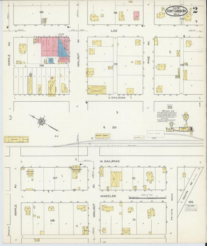 Sanborn Fire Insurance Map from Fort Gibson, Muskogee County, Oklahoma (1915), Sheet #0002 - Complete Map Set gallery image, historic Sanborn map, vintage wall art, Oklahoma Oklahoma