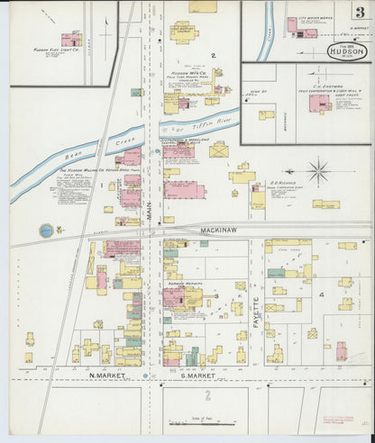 Sanborn Fire Insurance Map from Hudson, Lenawee County, Michigan (1893), Sheet #0003 - Complete Map Set gallery image, historic Sanborn map, vintage wall art, Michigan Michigan