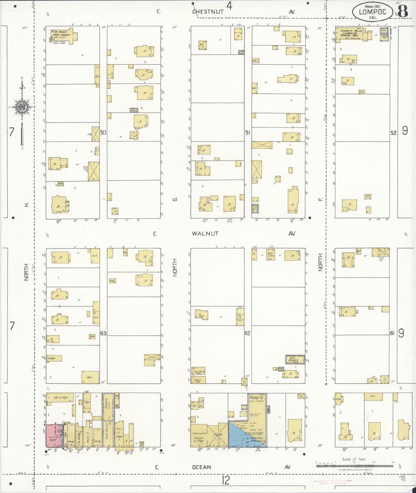 Sanborn Fire Insurance Map from Lompoc, Santa Barbara County, California (1921), Sheet #0008 - Historic Sanborn Fire Insurance Map Print, vintage old map wall art, antique decor, genealogy gift, California California map