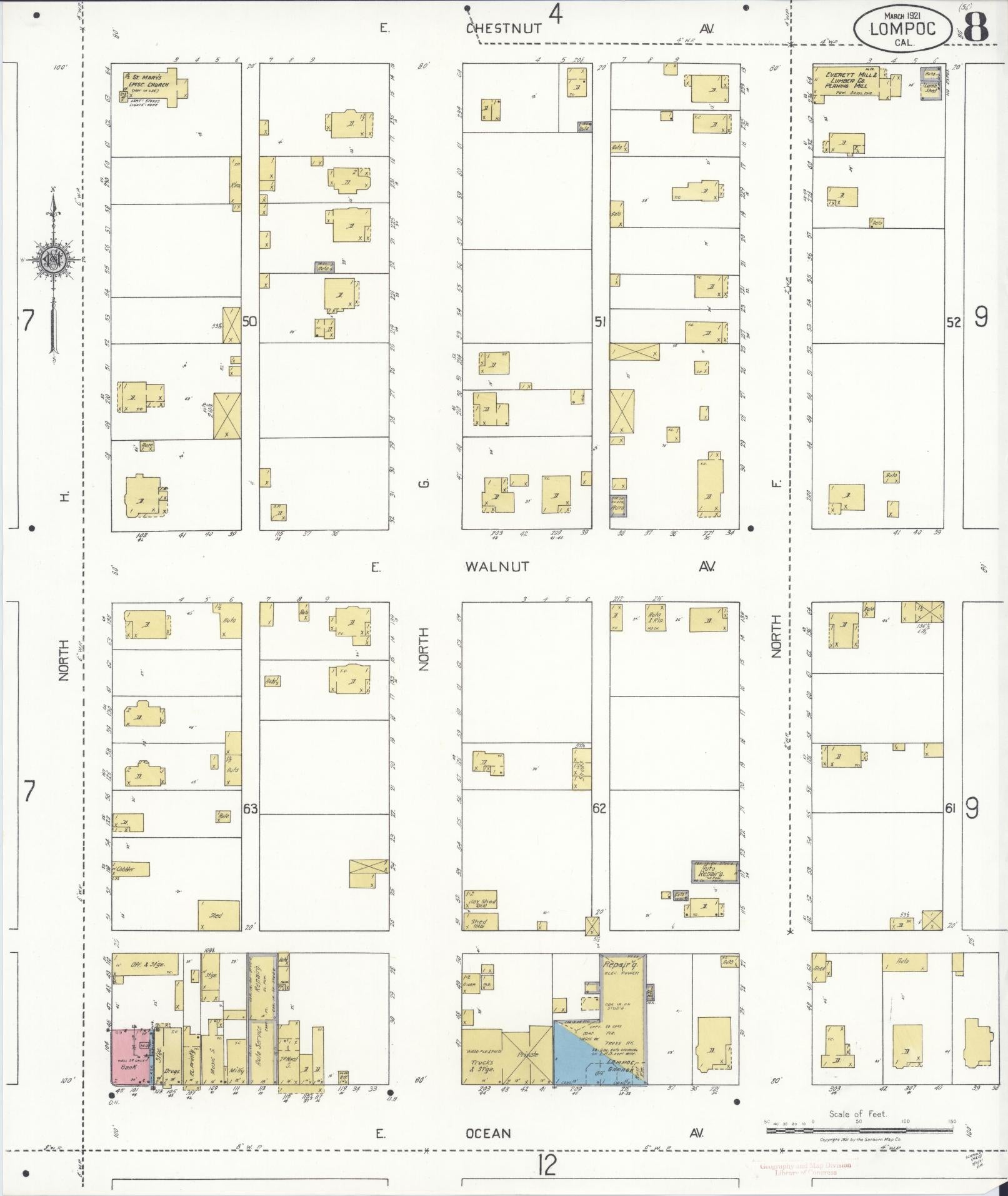 Sanborn Fire Insurance Map from Lompoc, Santa Barbara County, California (1921), Sheet #0008 - Historic Sanborn Fire Insurance Map Print, vintage old map wall art, antique decor, genealogy gift, California California map