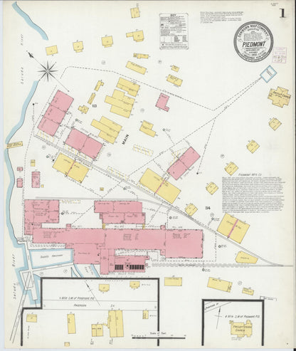Sanborn Fire Insurance Map from Piedmont, Greenville and Anderson Counties, South Carolina (1902), Sheet #0001 - Complete Map Set gallery image, historic Sanborn map, vintage wall art, South Carolina South Carolina