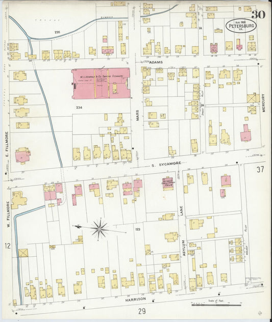 Sanborn Fire Insurance Map from Petersburg, Independent Cities, Virginia (1908), Sheet #0030 - Historic Sanborn Fire Insurance Map Print, vintage old map wall art, antique decor, genealogy gift, Virginia Virginia map