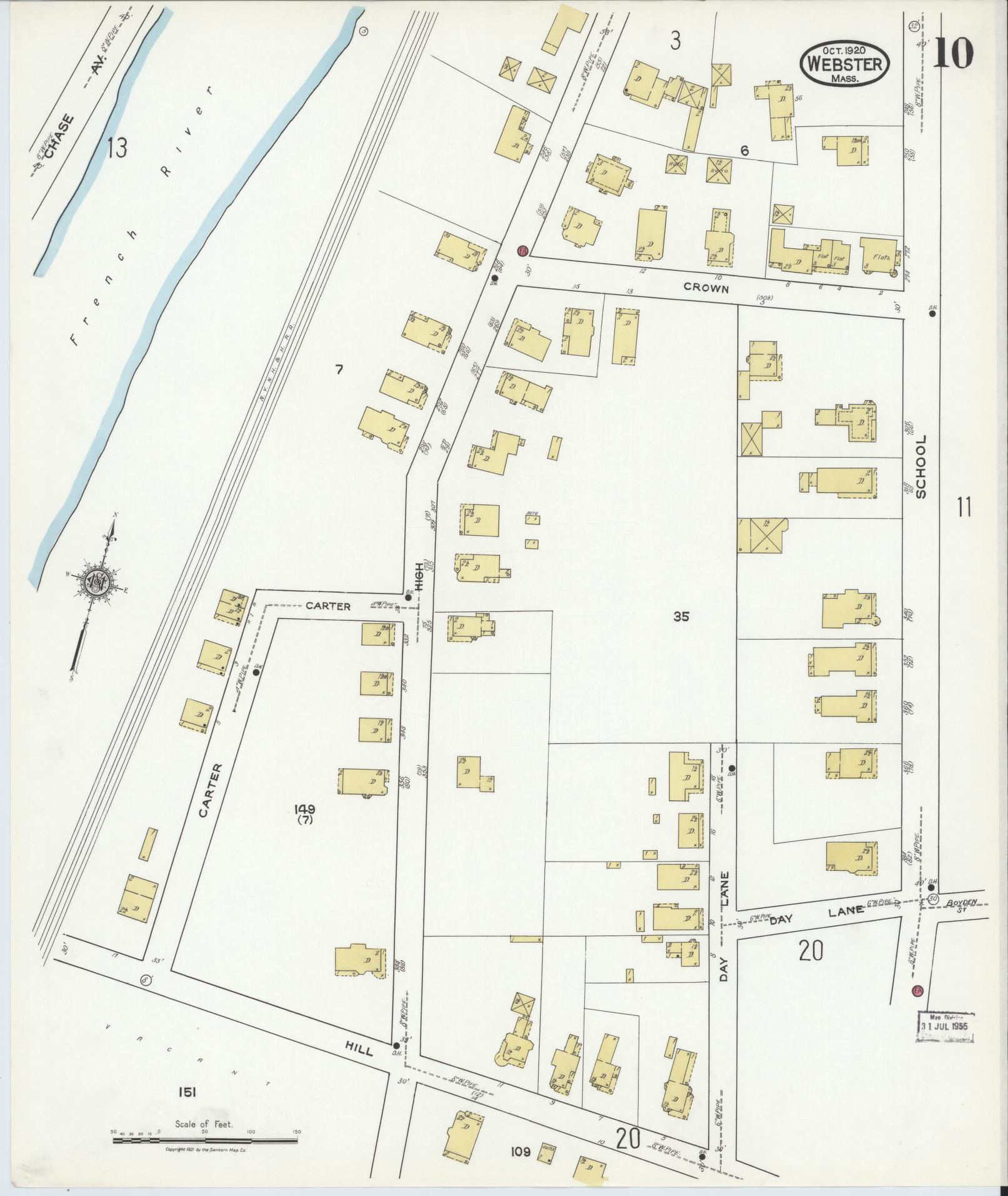 Sanborn Fire Insurance Map from Webster, Worcester County, Massachusetts (1920), Sheet #0010 - Complete Map Set gallery image, historic Sanborn map, vintage wall art, Massachusetts Massachusetts