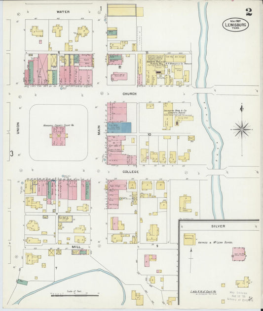 Sanborn Fire Insurance Map from Lewisburg, Marshall County, Tennessee (1907), Sheet #0002 - Historic Sanborn Fire Insurance Map Print, vintage old map wall art, antique decor, genealogy gift, Tennessee Tennessee map