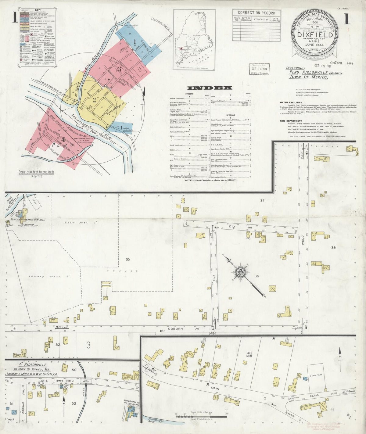 Sanborn Fire Insurance Map from Dixfield, Oxford County, Maine (1934), Sheet #0001 - Complete Map Set gallery image, historic Sanborn map, vintage wall art, Maine Maine