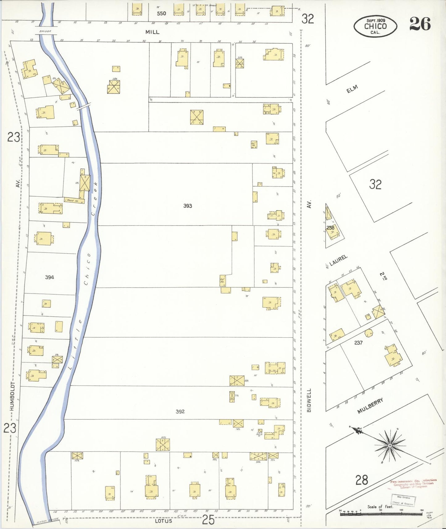 Sanborn Fire Insurance Map from Chico, Butte County, California (1909), Sheet #0026 - Historic Sanborn Fire Insurance Map Print, vintage old map wall art, antique decor, genealogy gift, California California map