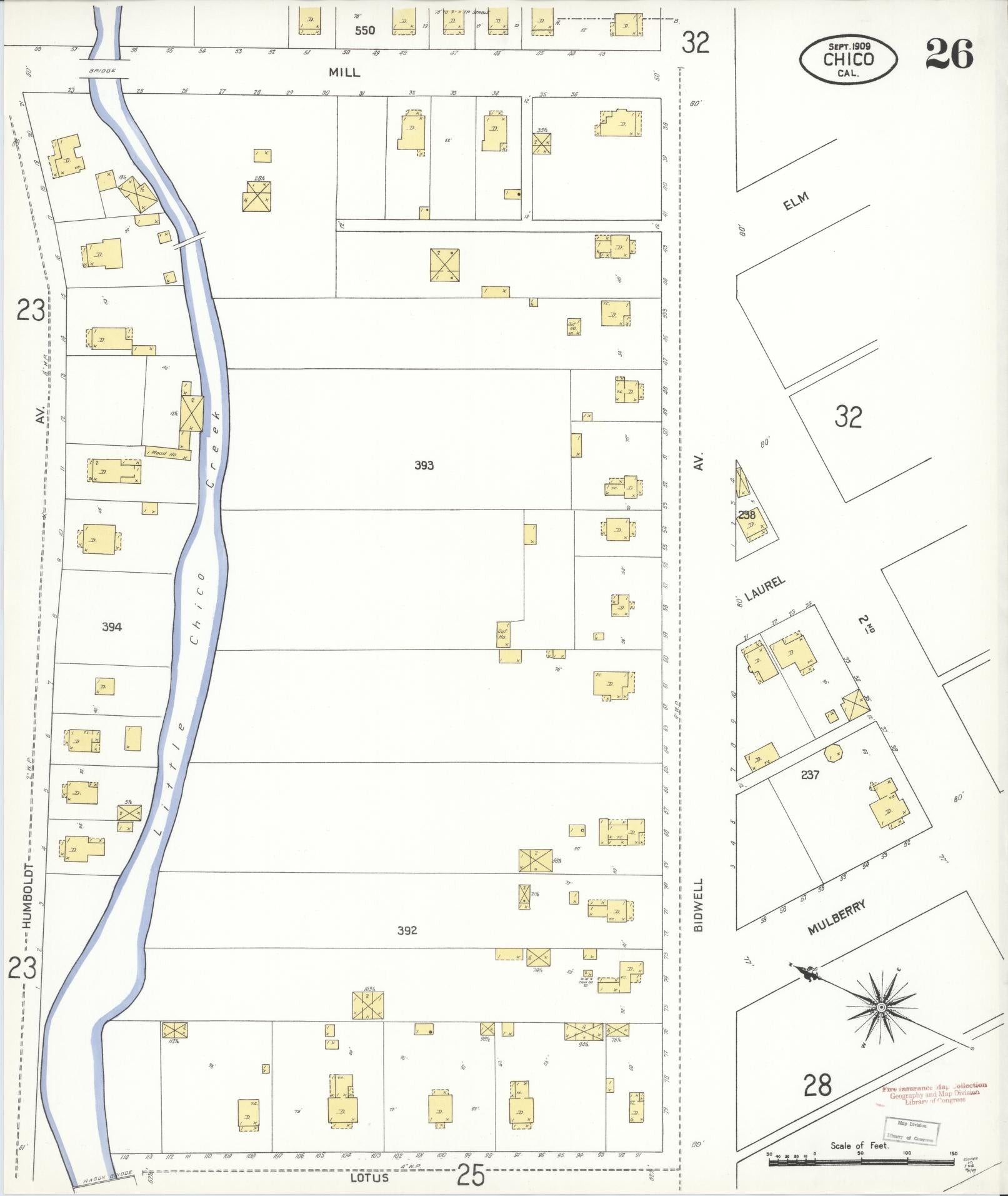 Sanborn Fire Insurance Map from Chico, Butte County, California (1909), Sheet #0026 - Historic Sanborn Fire Insurance Map Print, vintage old map wall art, antique decor, genealogy gift, California California map
