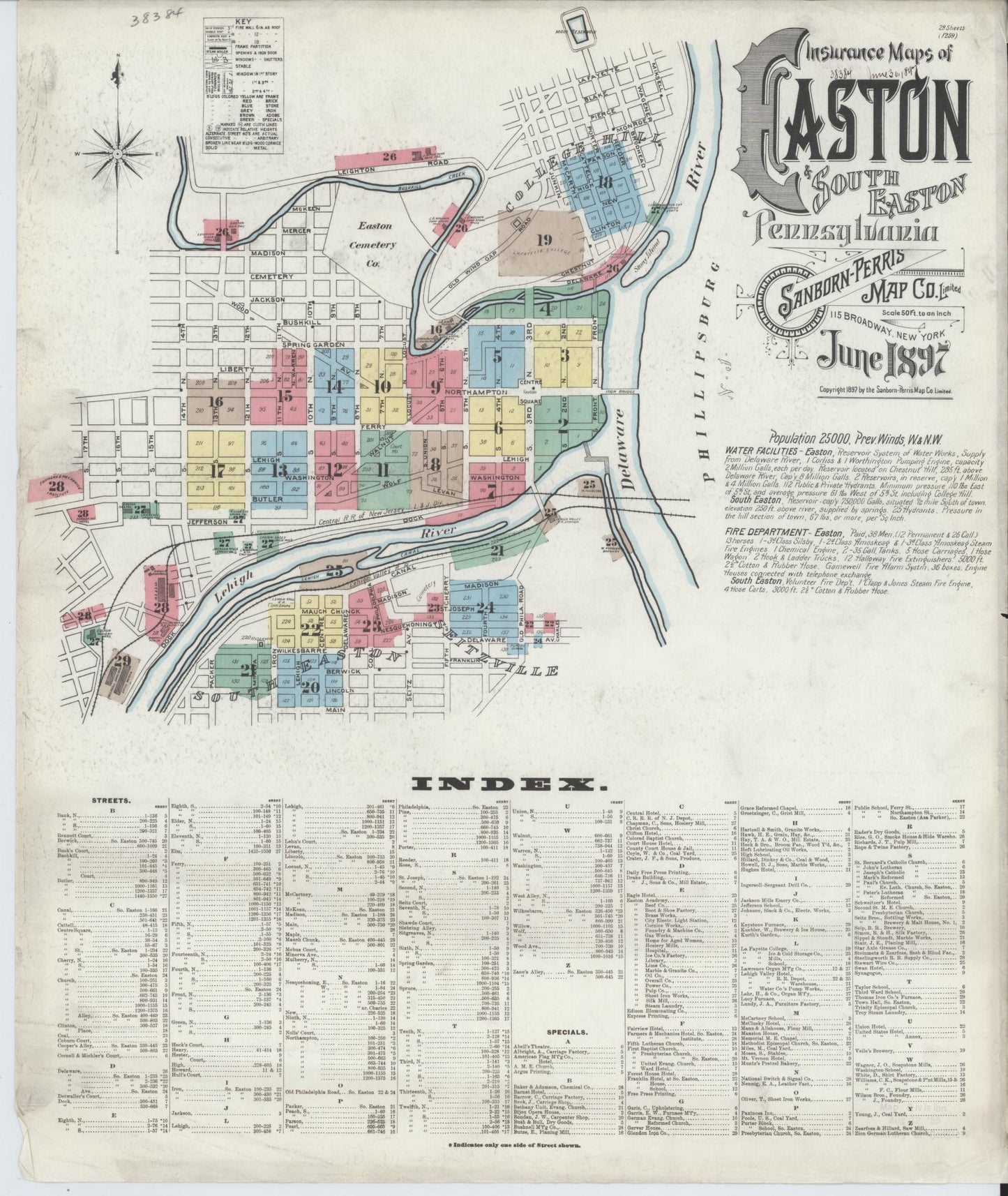 Sanborn Fire Insurance Map from Easton, Northampton County, Pennsylvania (1897), Sheet #0001 - Historic Sanborn Fire Insurance Map Print, vintage old map wall art, antique decor, genealogy gift, Pennsylvania Pennsylvania map