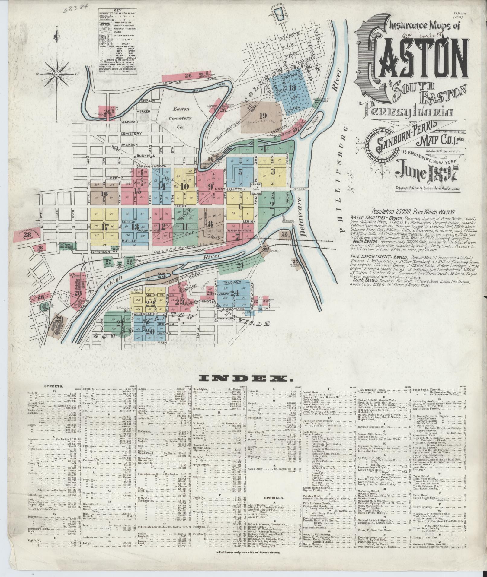 Sanborn Fire Insurance Map from Easton, Northampton County, Pennsylvania (1897), Sheet #0001 - Historic Sanborn Fire Insurance Map Print, vintage old map wall art, antique decor, genealogy gift, Pennsylvania Pennsylvania map