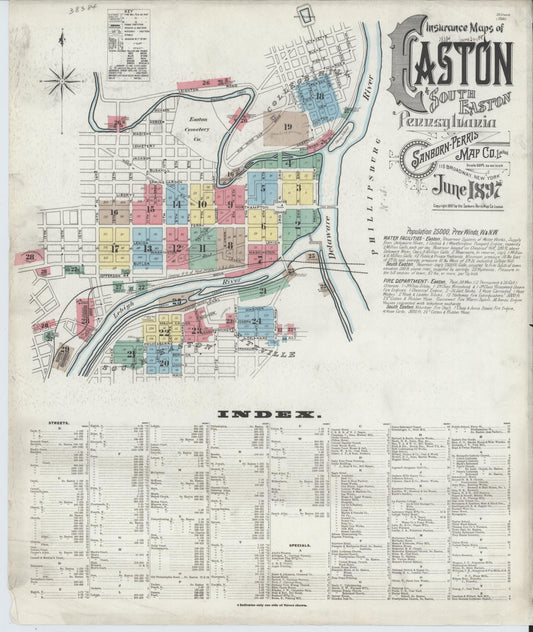 Sanborn Fire Insurance Map from Easton, Northampton County, Pennsylvania (1897), Sheet #0001 - Historic Sanborn Fire Insurance Map Print, vintage old map wall art, antique decor, genealogy gift, Pennsylvania Pennsylvania map