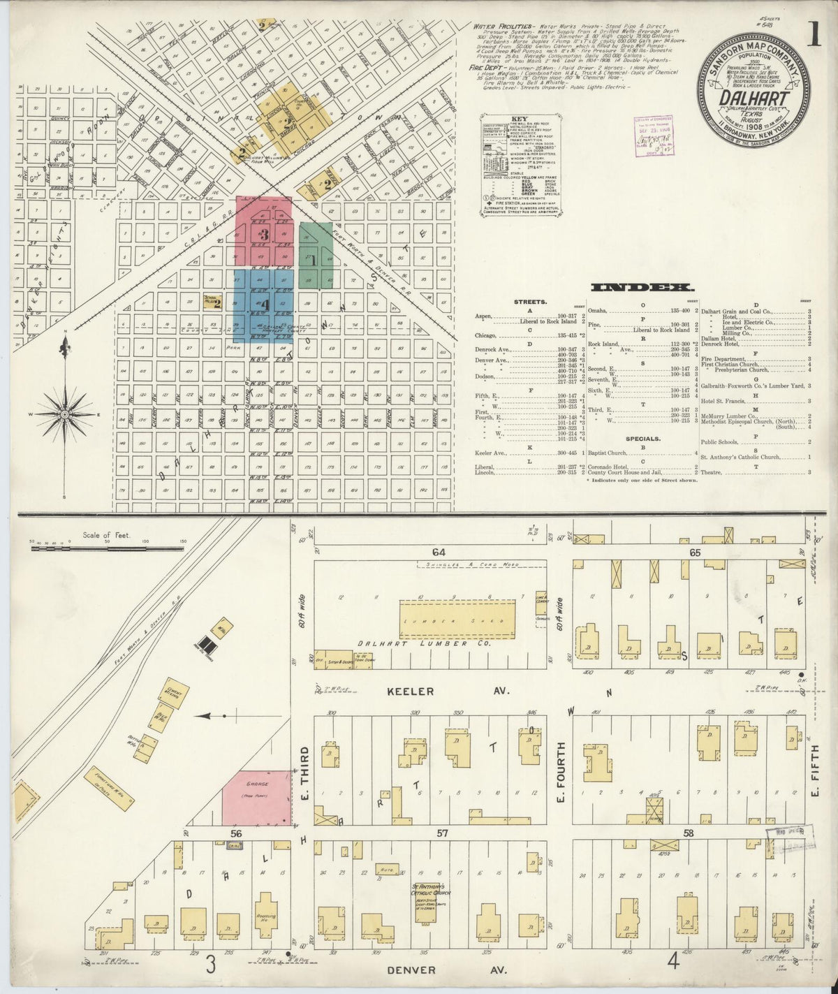 Sanborn Fire Insurance Map from Dalhart, Dallam And Hartley County, Texas (1908), Sheet #0001 - Complete Map Set gallery image, historic Sanborn map, vintage wall art, Texas Texas