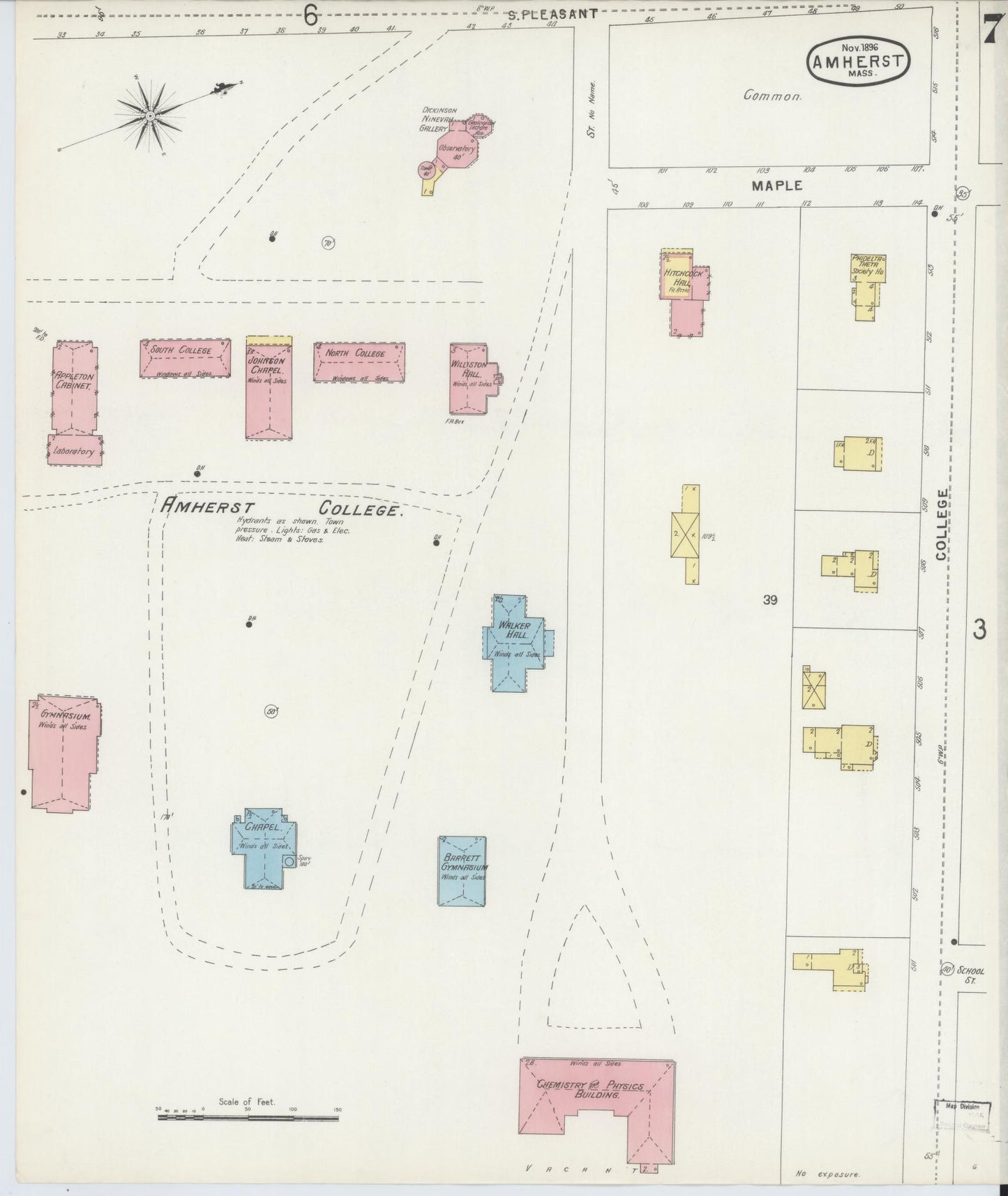 Sanborn Fire Insurance Map from Amherst, Hampshire County, Massachusetts (1896), Sheet #0007 - Historic Sanborn Fire Insurance Map Print, vintage old map wall art, antique decor, genealogy gift, Massachusetts Massachusetts map