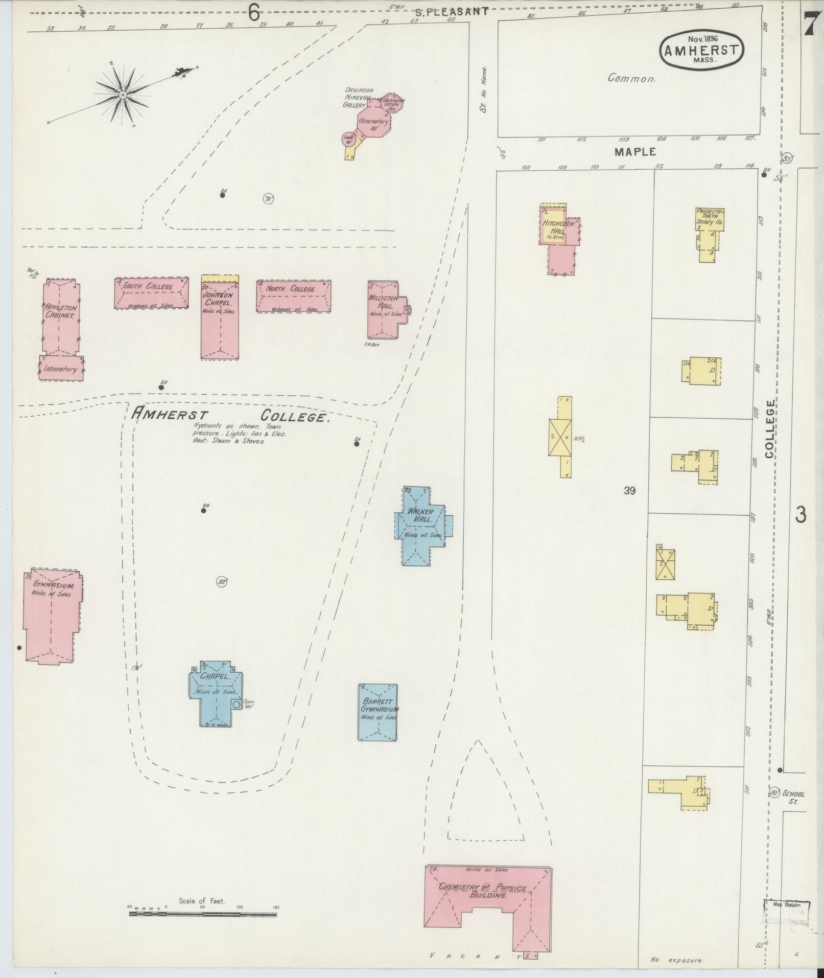 Sanborn Fire Insurance Map from Amherst, Hampshire County, Massachusetts (1896), Sheet #0007 - Historic Sanborn Fire Insurance Map Print, vintage old map wall art, antique decor, genealogy gift, Massachusetts Massachusetts map