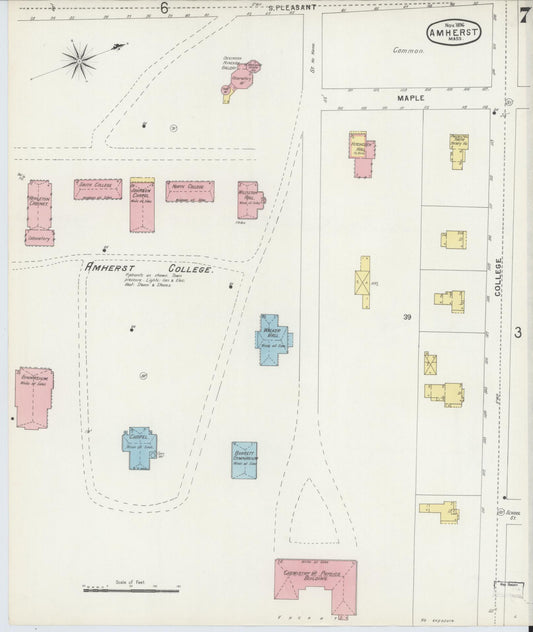 Sanborn Fire Insurance Map from Amherst, Hampshire County, Massachusetts (1896), Sheet #0007 - Historic Sanborn Fire Insurance Map Print, vintage old map wall art, antique decor, genealogy gift, Massachusetts Massachusetts map