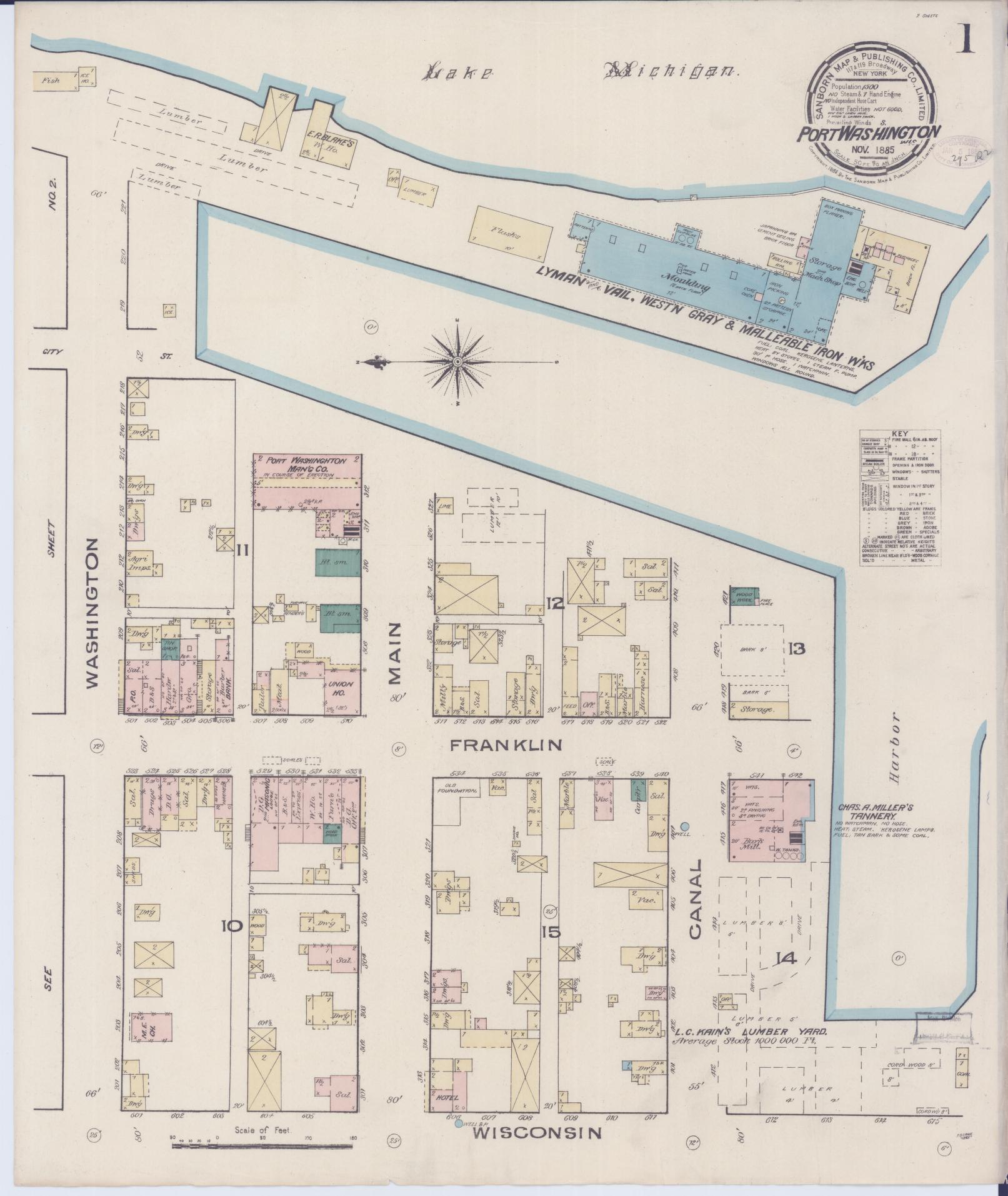 Sanborn Fire Insurance Map from Port Washington, Ozaukee County, Wisconsin (1885), Sheet #0001 - Historic Sanborn Fire Insurance Map Print, vintage old map wall art, antique decor, genealogy gift, Wisconsin Wisconsin map