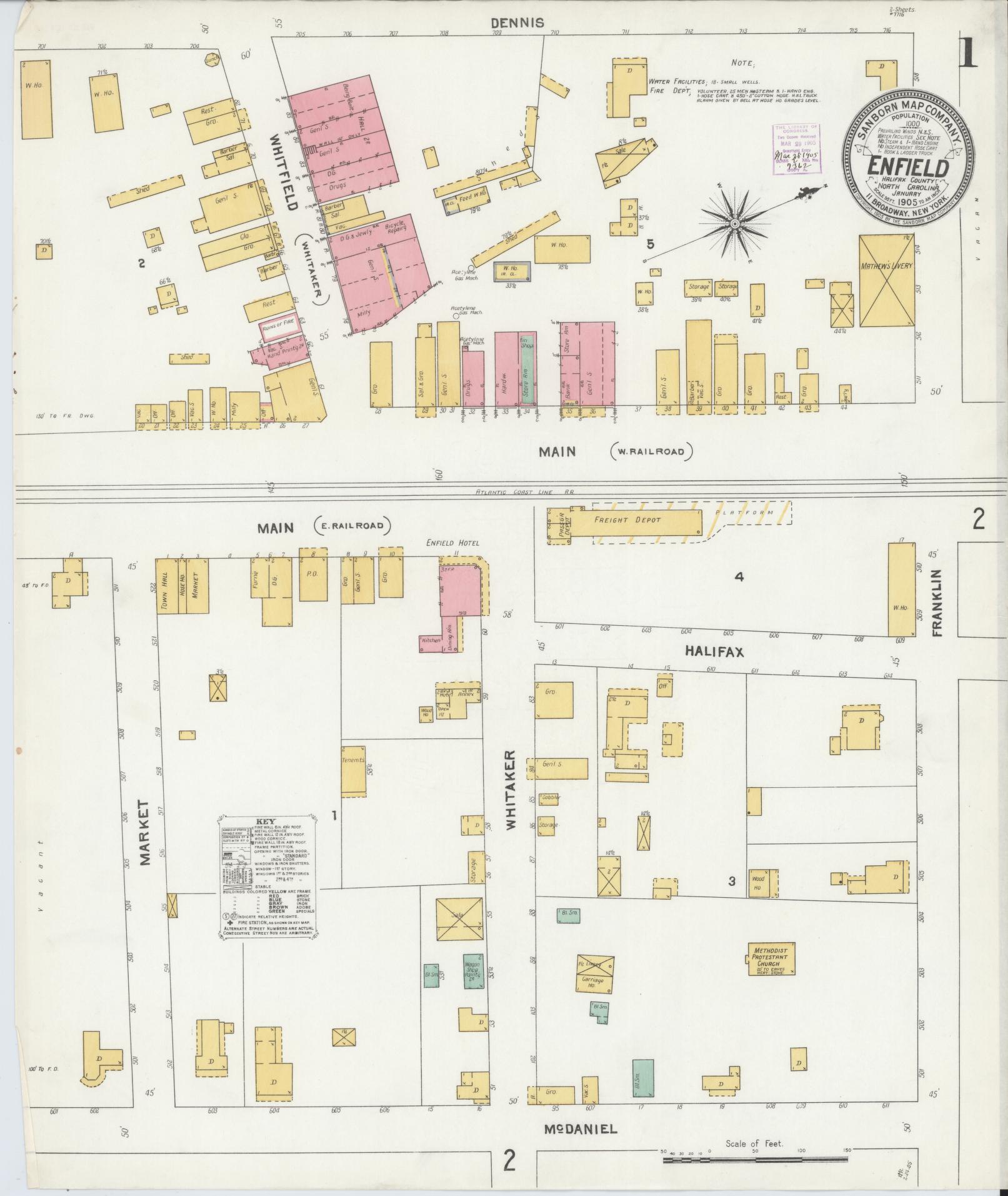 Sanborn Fire Insurance Map from Enfield, Halifax County, North Carolina (1905), Sheet #0001 - Complete Map Set gallery image, historic Sanborn map, vintage wall art, North Carolina North Carolina