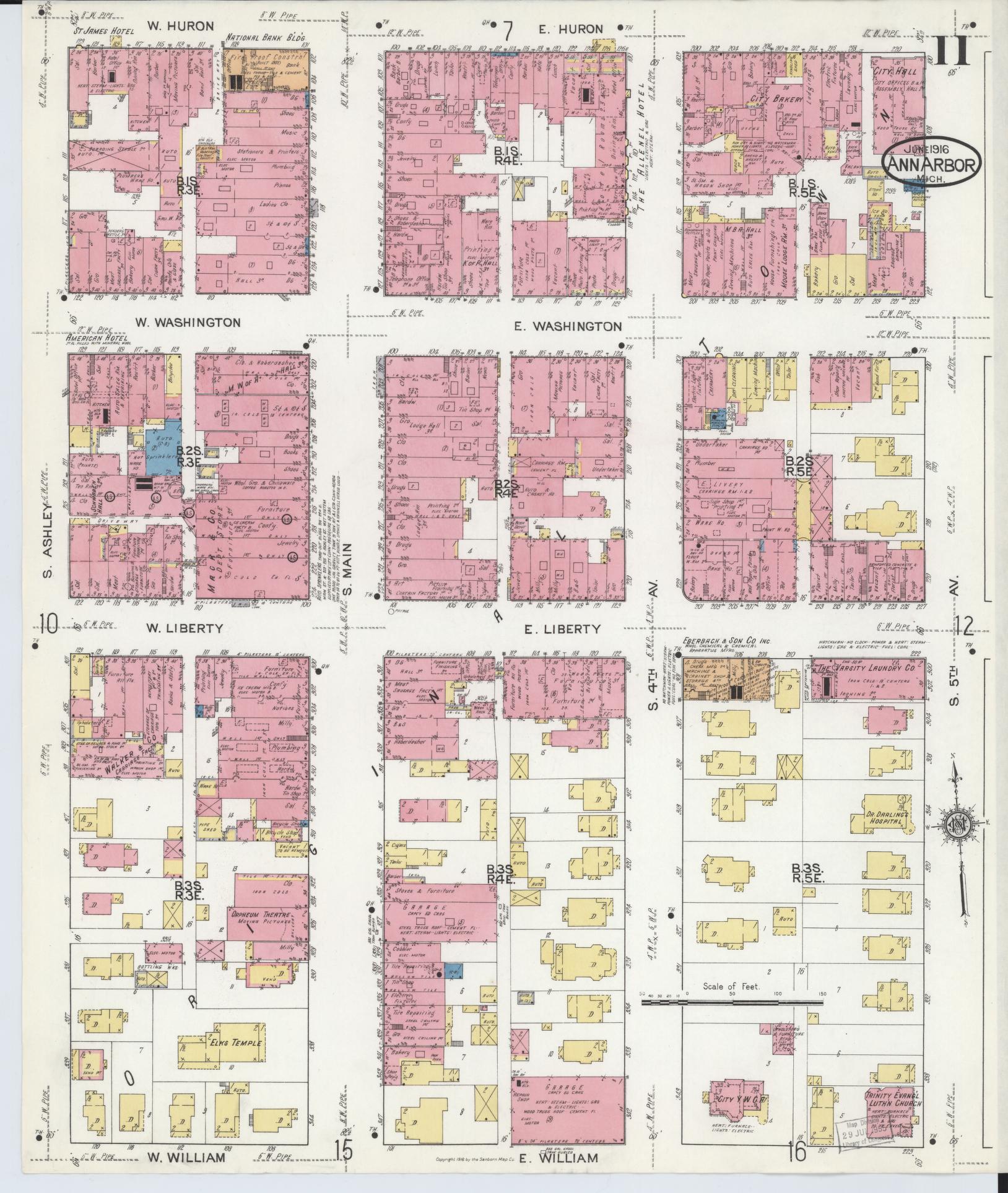 Sanborn Fire Insurance Map from Ann Arbor, Washtenaw County, Michigan (1916), Sheet #0011 - Complete Map Set gallery image, historic Sanborn map, vintage wall art, Michigan Michigan