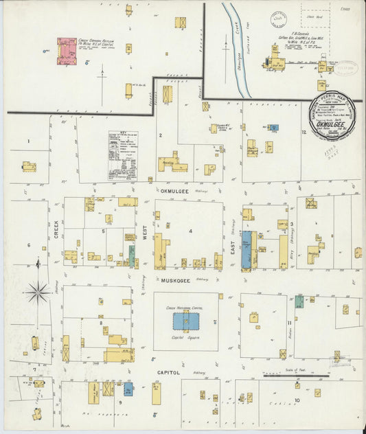 Sanborn Fire Insurance Map from Okmulgee, Okmulgee County, Oklahoma (1898), Sheet #0001 - Historic Sanborn Fire Insurance Map Print, vintage old map wall art, antique decor, genealogy gift, Oklahoma Oklahoma map