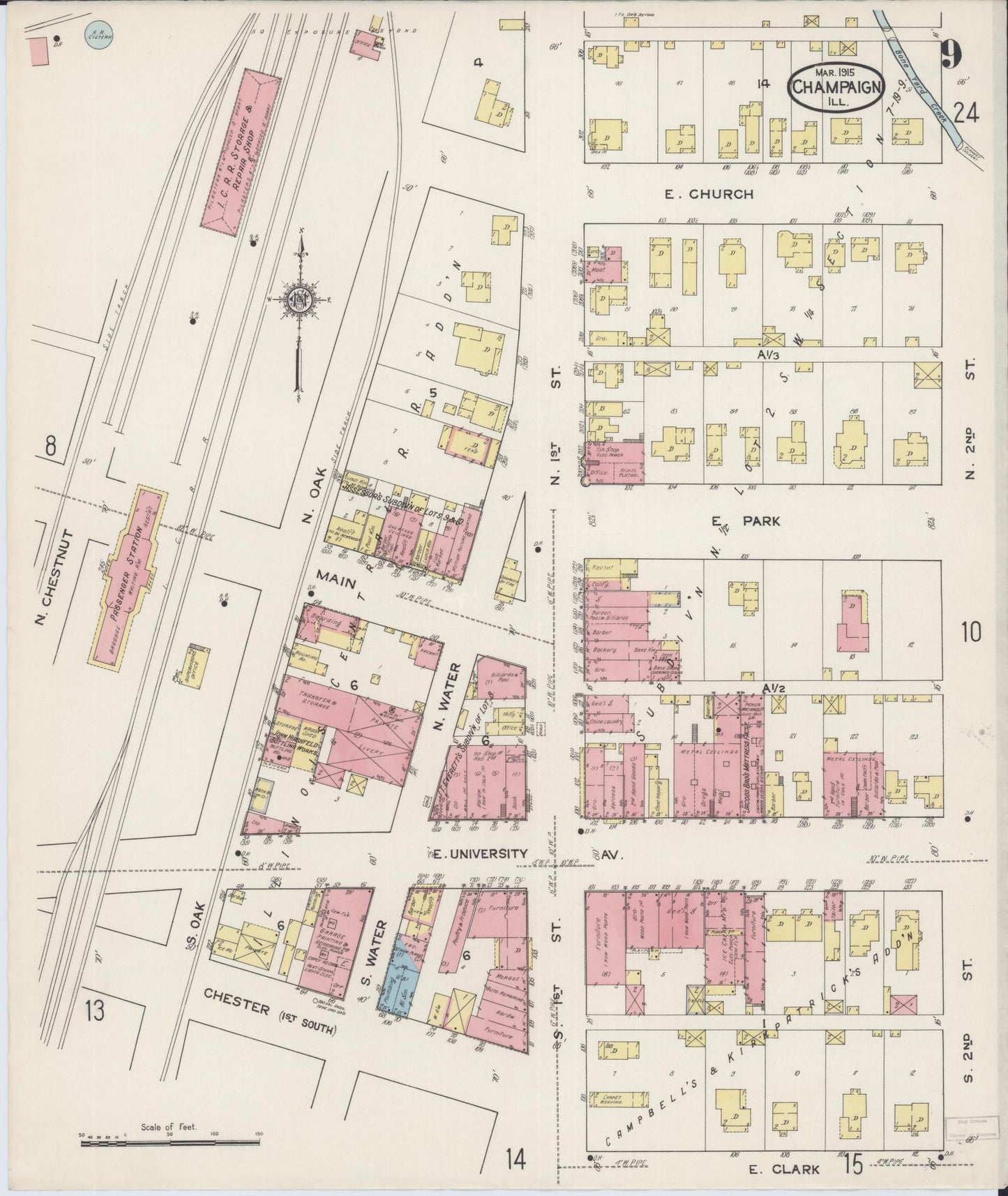 Sanborn Fire Insurance Map from Champaign, Champaign County, Illinois (1915), Sheet #0009 - Complete Map Set gallery image, historic Sanborn map, vintage wall art, Illinois Illinois