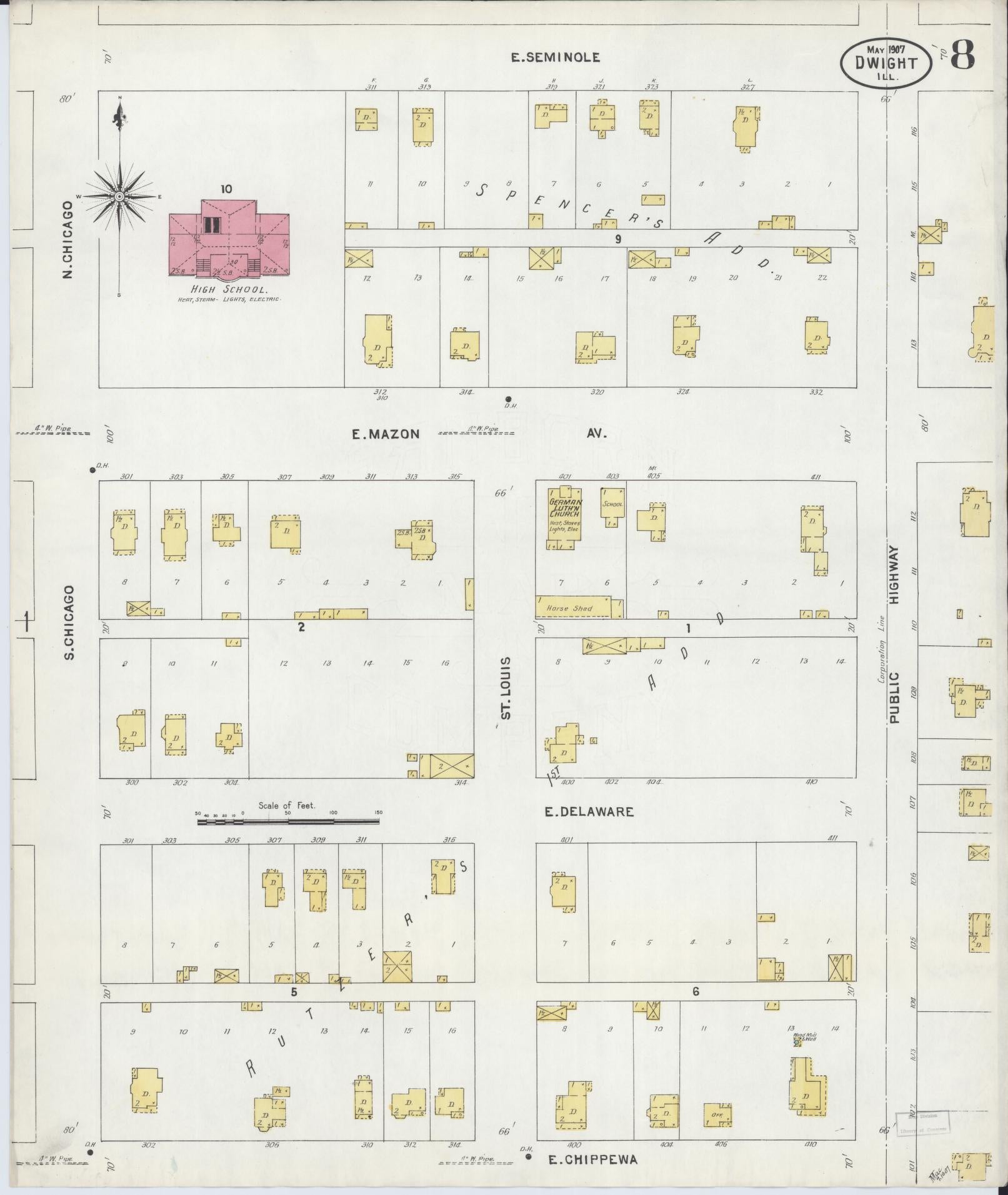 Sanborn Fire Insurance Map from Dwight, Livingston County, Illinois (1907), Sheet #0008 - Historic Sanborn Fire Insurance Map Print, vintage old map wall art, antique decor, genealogy gift, Illinois Illinois map
