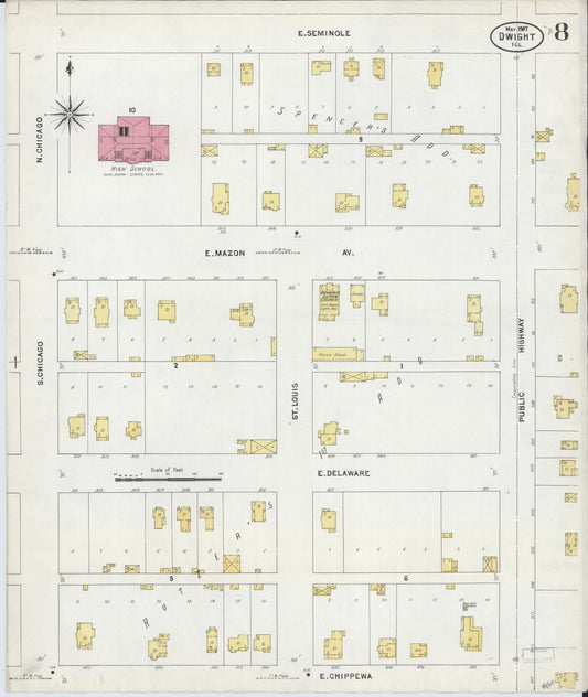 Sanborn Fire Insurance Map from Dwight, Livingston County, Illinois (1907), Sheet #0008 - Historic Sanborn Fire Insurance Map Print, vintage old map wall art, antique decor, genealogy gift, Illinois Illinois map