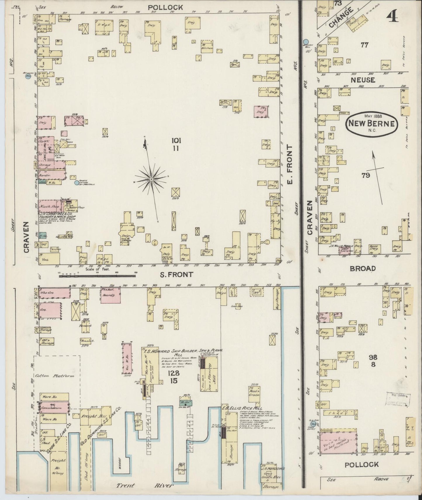 Sanborn Fire Insurance Map from New Bern, Craven County, North Carolina (1888), Sheet #0004 - Complete Map Set gallery image, historic Sanborn map, vintage wall art, North Carolina North Carolina