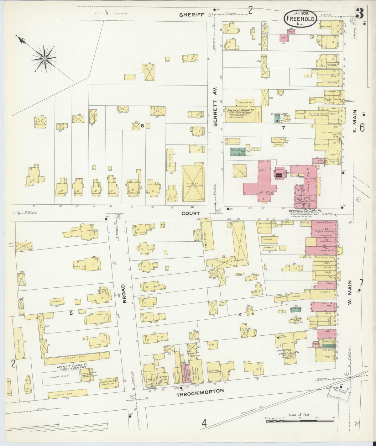 Sanborn Fire Insurance Map from Freehold, Monmouth County, New Jersey (1909), Sheet #0003 - Complete Map Set gallery image, historic Sanborn map, vintage wall art, New Jersey New Jersey