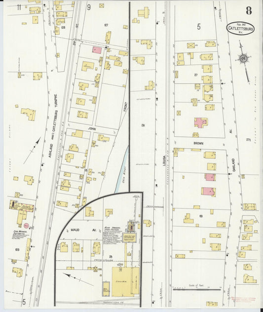 Sanborn Fire Insurance Map from Catlettsburg, Boyd County, Kentucky (1912), Sheet #0008 - Historic Sanborn Fire Insurance Map Print, vintage old map wall art, antique decor, genealogy gift, Kentucky Kentucky map