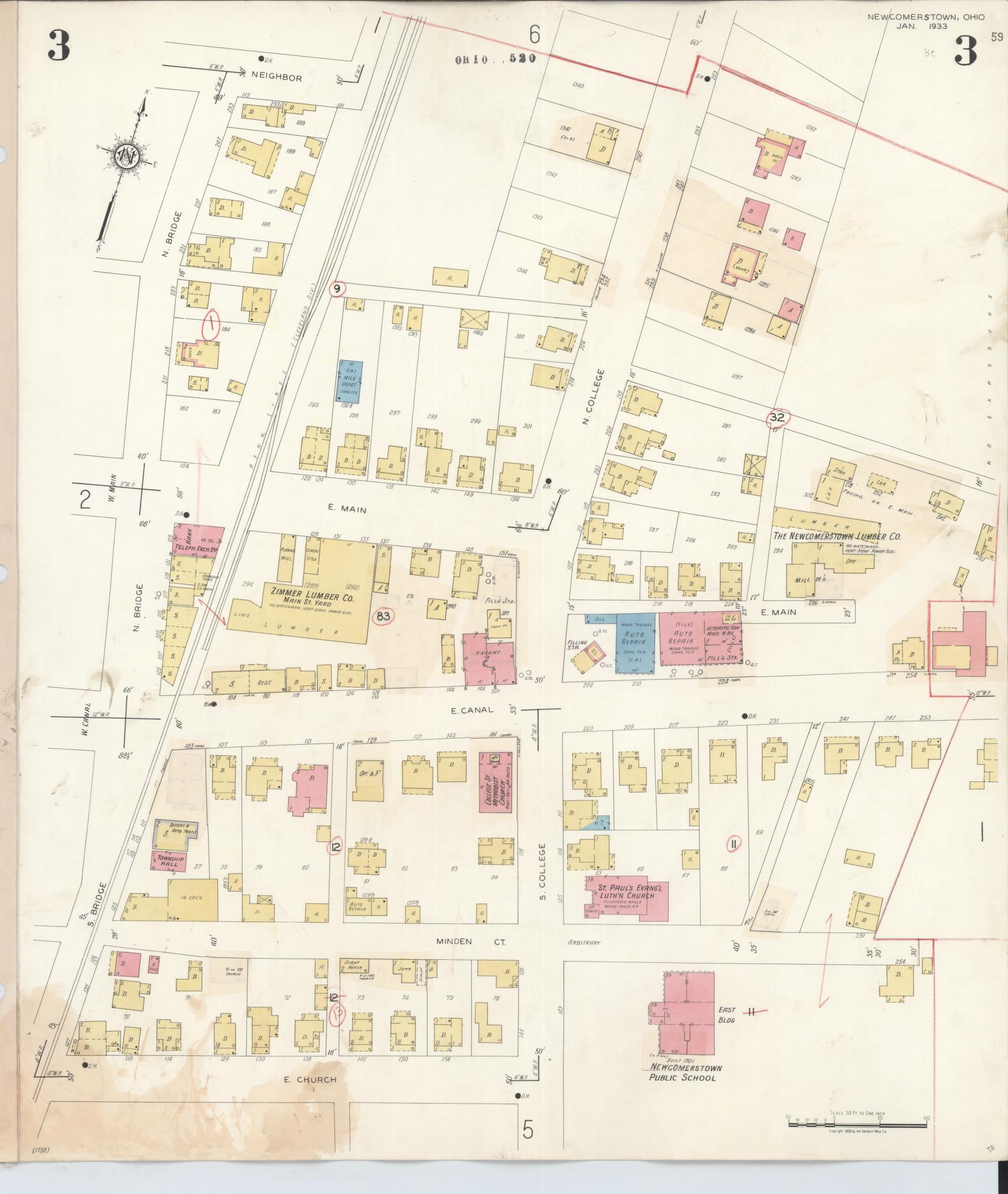 Sanborn Fire Insurance Map from Newcomerstown, Tuscarawas County, Ohio (1933), Sheet #0003 - Historic Sanborn Fire Insurance Map Print, vintage old map wall art, antique decor, genealogy gift, Ohio Ohio map