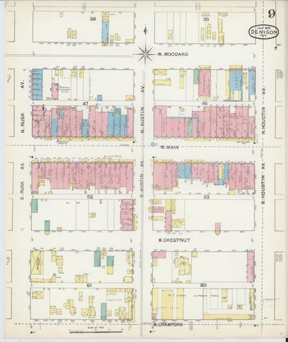 Sanborn Fire Insurance Map from Denison, Grayson County, Texas (1892), Sheet #0009 - Complete Map Set gallery image, historic Sanborn map, vintage wall art, Texas Texas