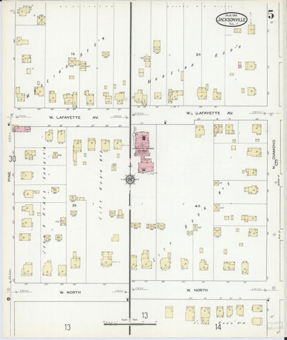 Sanborn Fire Insurance Map from Jacksonville, Morgan County, Illinois (1914), Sheet #0005 - Complete Map Set gallery image, historic Sanborn map, vintage wall art, Illinois Illinois