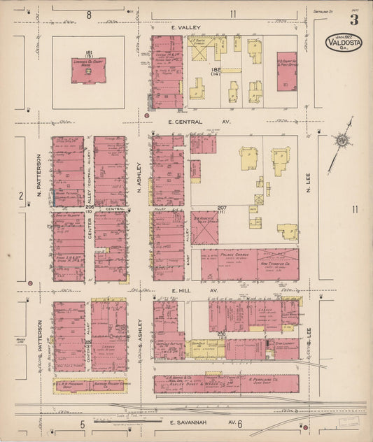 Sanborn Fire Insurance Map from Valdosta, Lowndes County, Georgia (1922), Sheet #0003 - Historic Sanborn Fire Insurance Map Print, vintage old map wall art, antique decor, genealogy gift, Georgia Georgia map