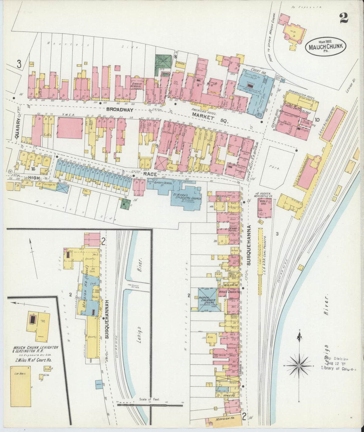 Sanborn Fire Insurance Map from Mauch Chunk, Carbon County, Pennsylvania (1902), Sheet #0002 - Historic Sanborn Fire Insurance Map Print, vintage old map wall art, antique decor, genealogy gift, Pennsylvania Pennsylvania map