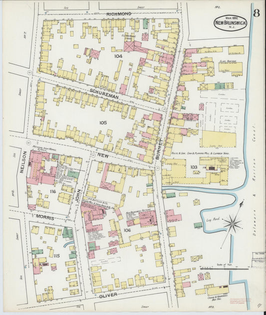 Sanborn Fire Insurance Map from New Brunswick, Middlesex County, New Jersey (1892), Sheet #0008 - Historic Sanborn Fire Insurance Map Print, vintage old map wall art, antique decor, genealogy gift, New Jersey New Jersey map