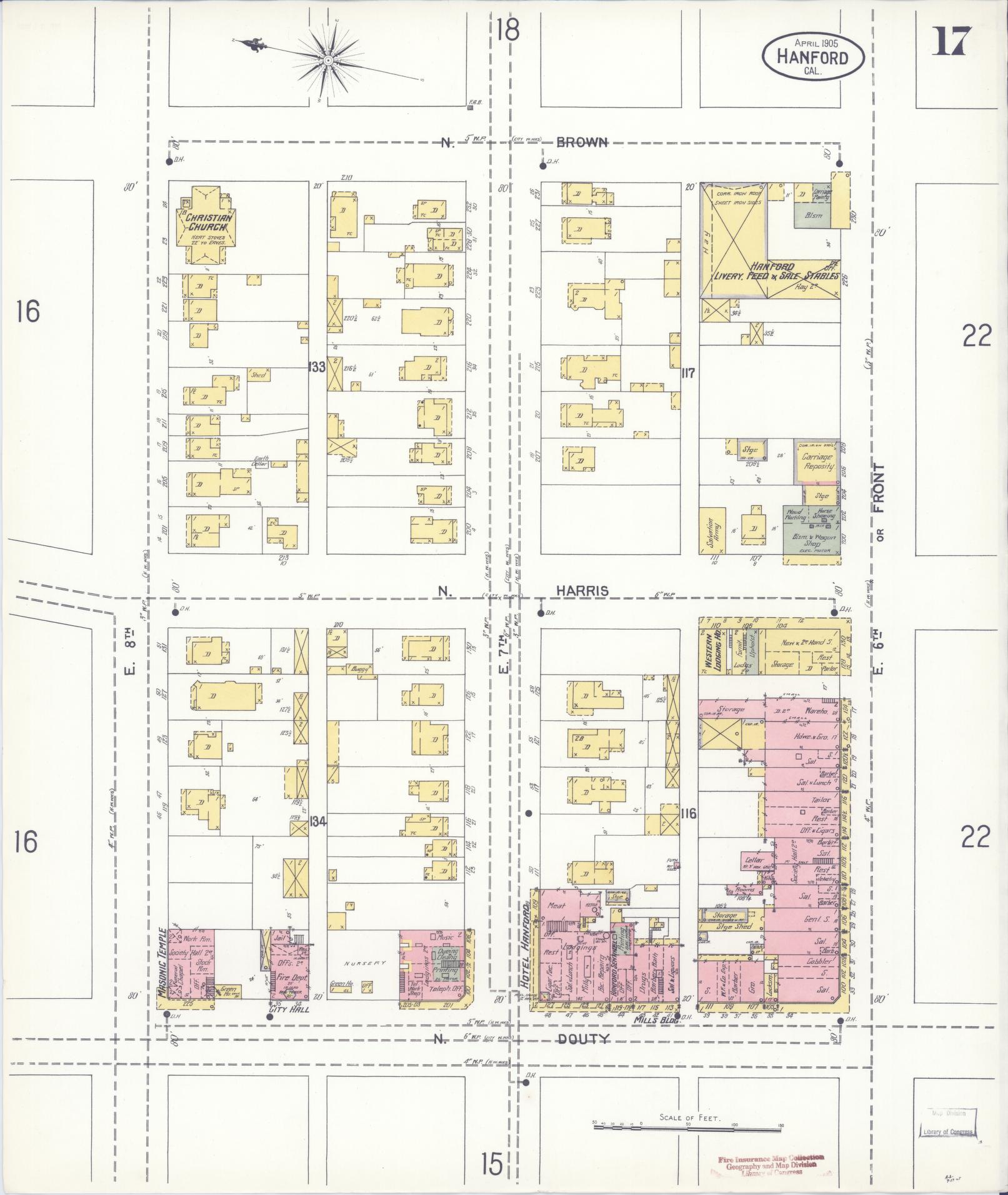Sanborn Fire Insurance Map from Hanford, Kings County, California (1905), Sheet #0017 - Historic Sanborn Fire Insurance Map Print, vintage old map wall art, antique decor, genealogy gift, California California map