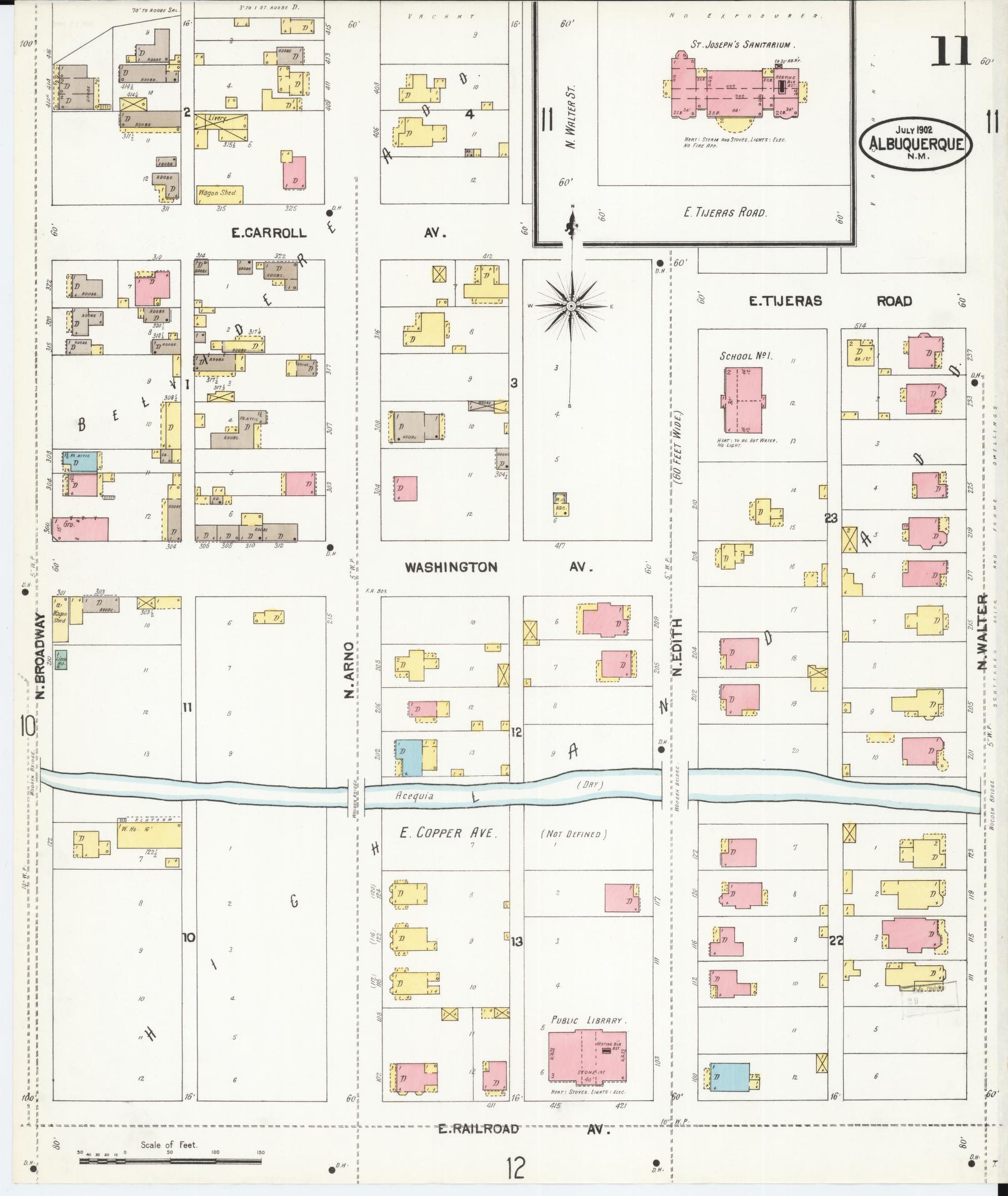 Sanborn Fire Insurance Map from Albuquerque, Bernalillo County, New Mexico (1902), Sheet #0011 - Historic Sanborn Fire Insurance Map Print, vintage old map wall art, antique decor, genealogy gift, New Mexico New Mexico map