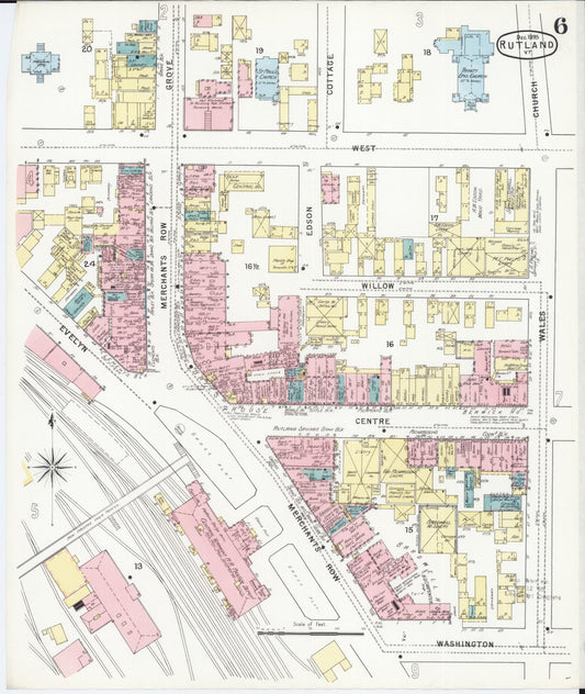 Sanborn Fire Insurance Map from Rutland, Rutland County, Vermont (1895), Sheet #0006 - Historic Sanborn Fire Insurance Map Print, vintage old map wall art, antique decor, genealogy gift, Vermont Vermont map