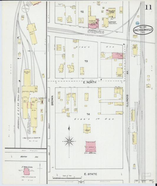 Sanborn Fire Insurance Map from Jacksonville, Morgan County, Illinois (1892), Sheet #0011 - Historic Sanborn Fire Insurance Map Print, vintage old map wall art, antique decor, genealogy gift, Illinois Illinois map