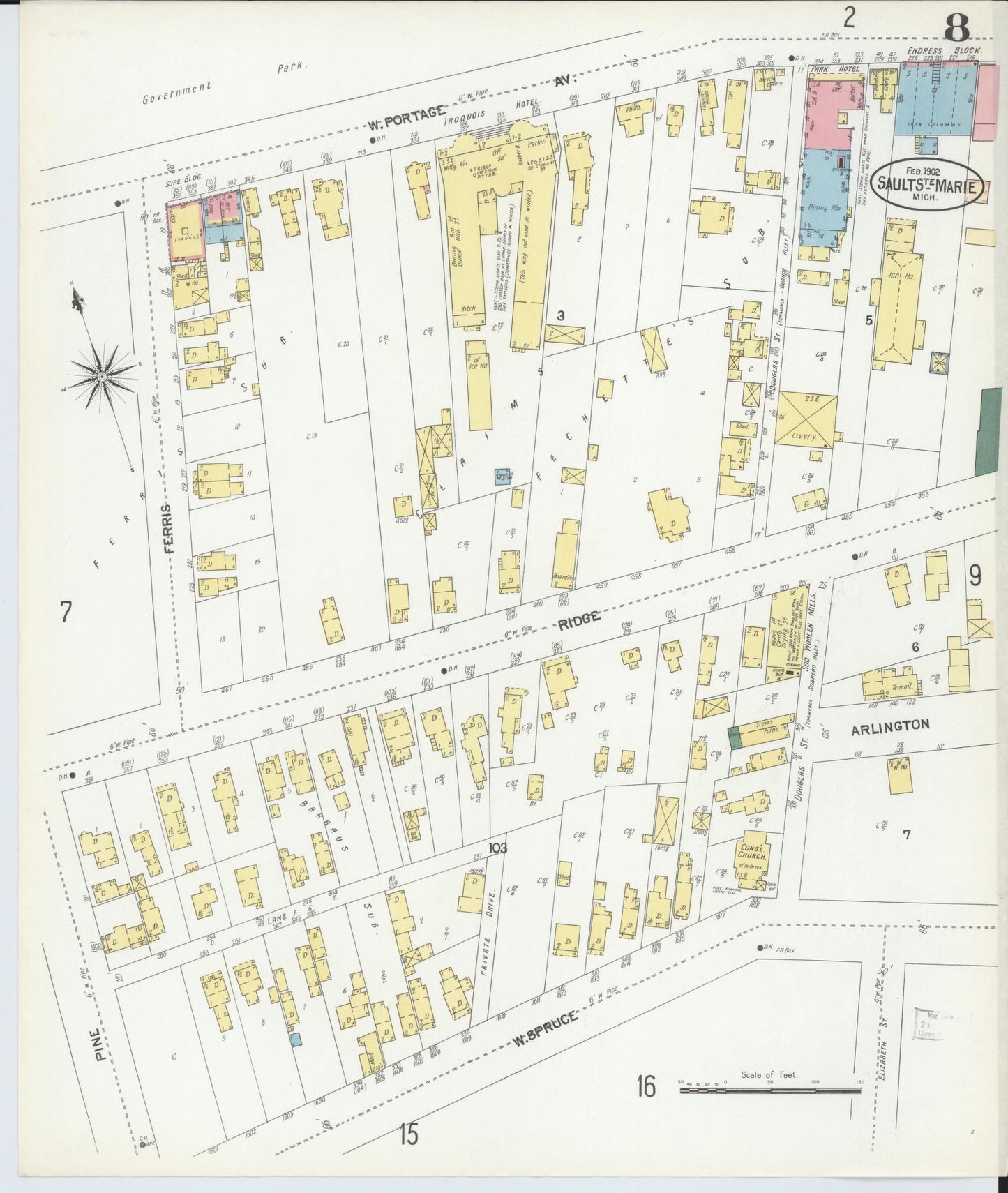 Sanborn Fire Insurance Map from Sault Sainte Marie, Chippewa County, Michigan (1902), Sheet #0008 - Complete Map Set gallery image, historic Sanborn map, vintage wall art, Michigan Michigan