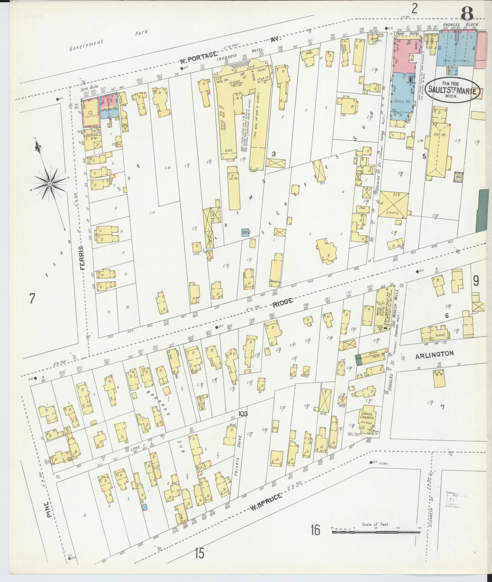 Sanborn Fire Insurance Map from Sault Sainte Marie, Chippewa County, Michigan (1902), Sheet #0008 - Complete Map Set gallery image, historic Sanborn map, vintage wall art, Michigan Michigan