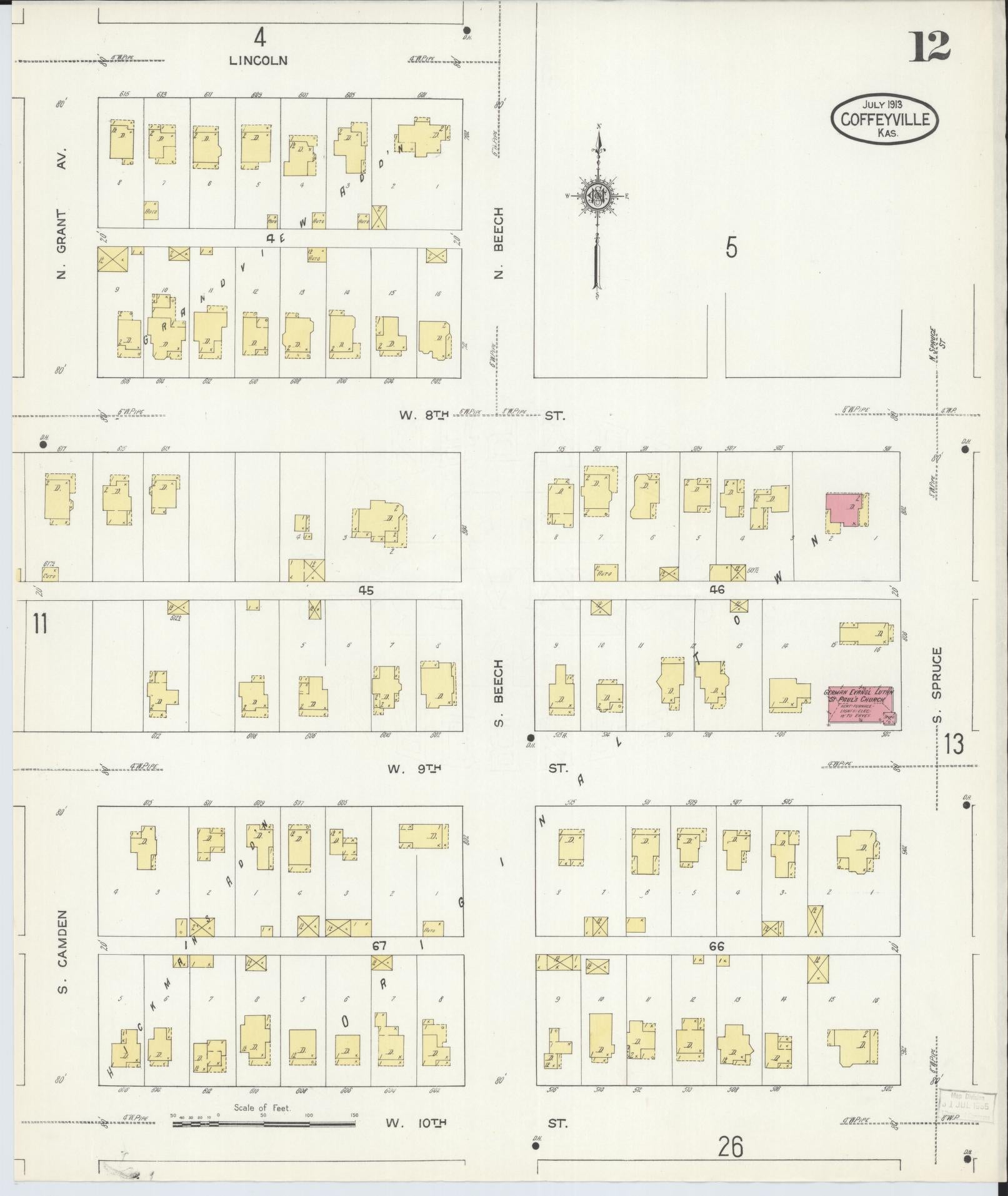 Sanborn Fire Insurance Map from Coffeyville, Montgomery County, Kansas (1913), Sheet #0012 - Historic Sanborn Fire Insurance Map Print, vintage old map wall art, antique decor, genealogy gift, Kansas Kansas map
