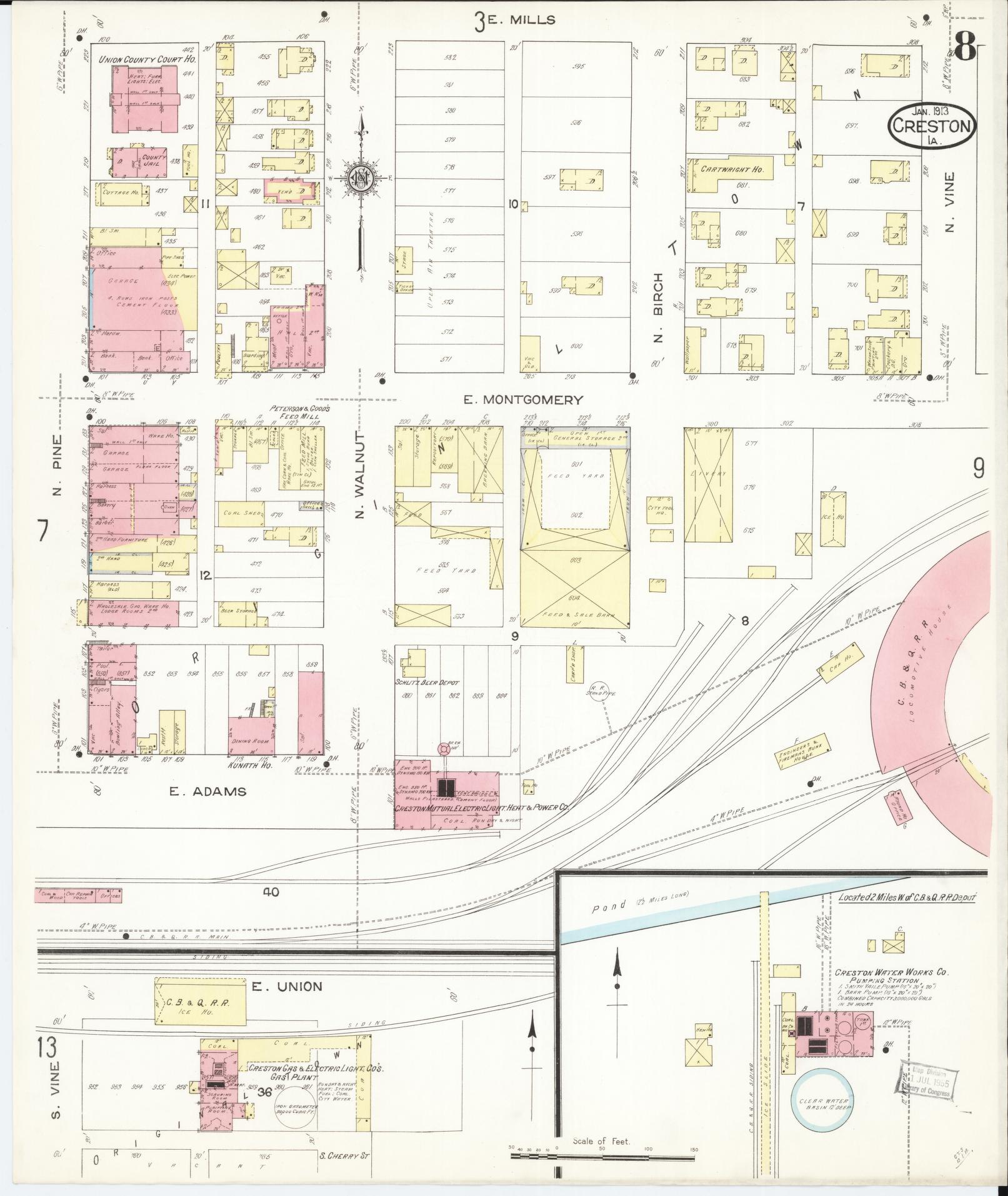 Sanborn Fire Insurance Map from Creston, Union County, Iowa (1913), Sheet #0008 - Historic Sanborn Fire Insurance Map Print, vintage old map wall art